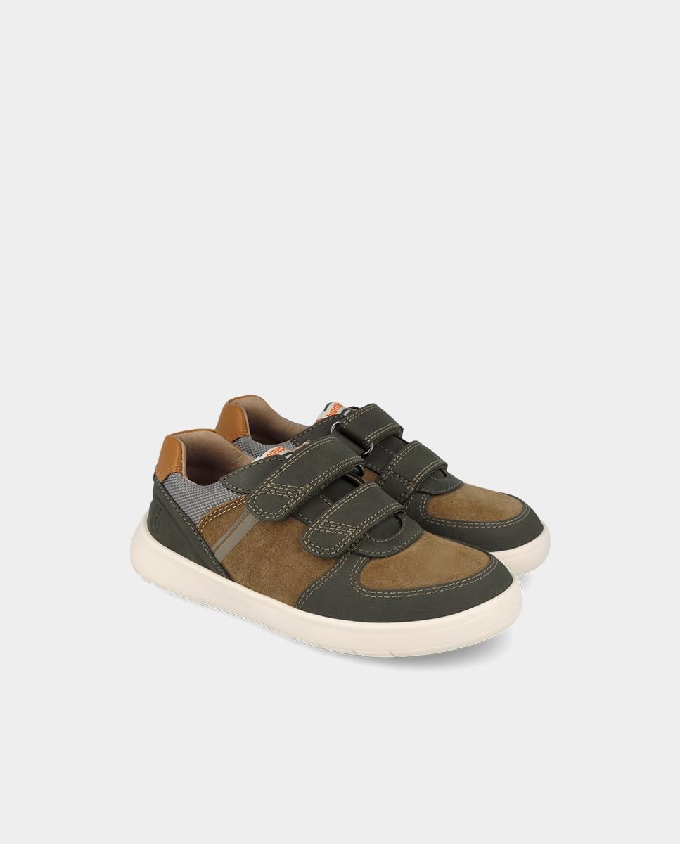 Sapatilhas de Pele Barefoot Infantil com Fecho Ajustável Caqui-2