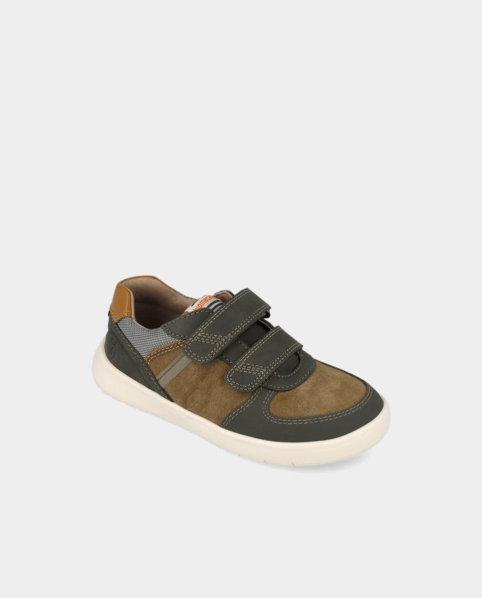 Sapatilhas de Pele Barefoot Infantil com Fecho Ajustável Caqui-4