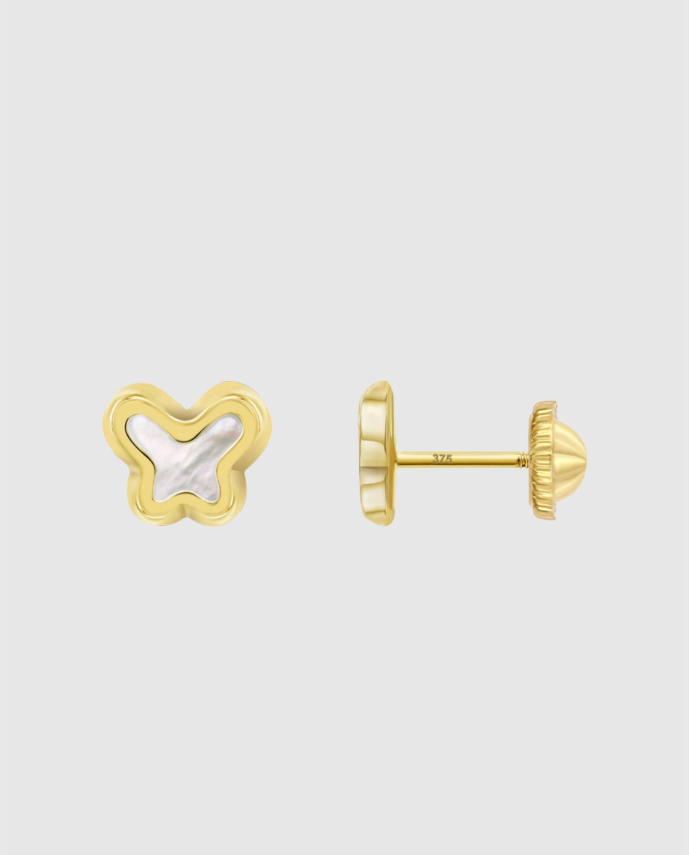 Brincos Hin00332/6 Basics de Ouro 9k com Acabamento Brilhante com Madrepérola e Motivo Borboleta Branco-2