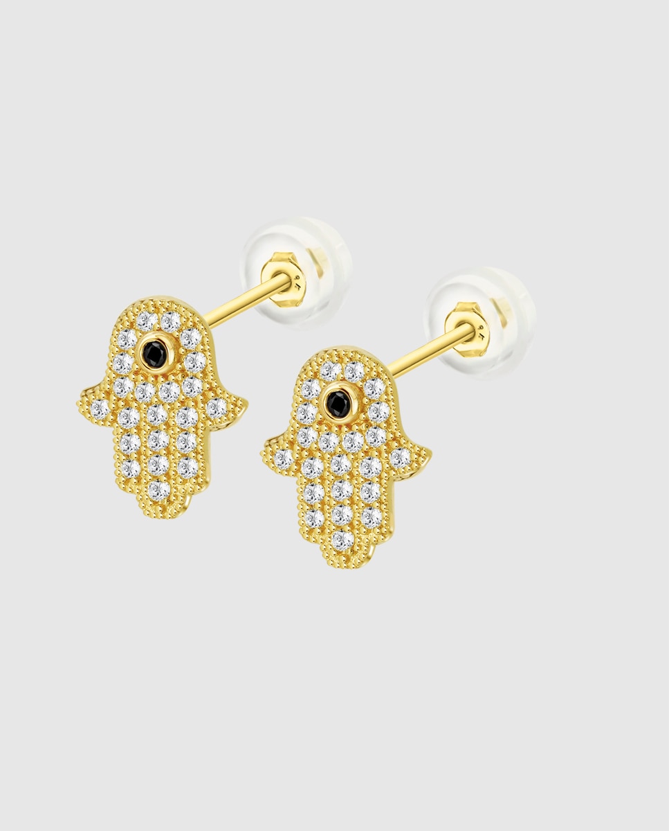 Brincos Hin00393 Basics de Ouro 9k com Acabamento Brilhante e Motivo Mão de Fátima Branco-1