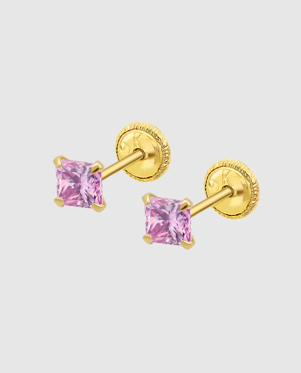 Brincos Infantil Hin00488/4 Basics de Ouro 9k com Acabamento Brilhante e Zircônia Rosa-1
