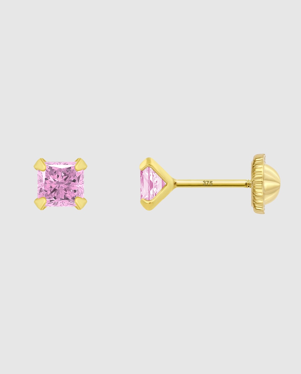 Brincos Infantil Hin00488/4 Basics de Ouro 9k com Acabamento Brilhante e Zircônia Rosa-2