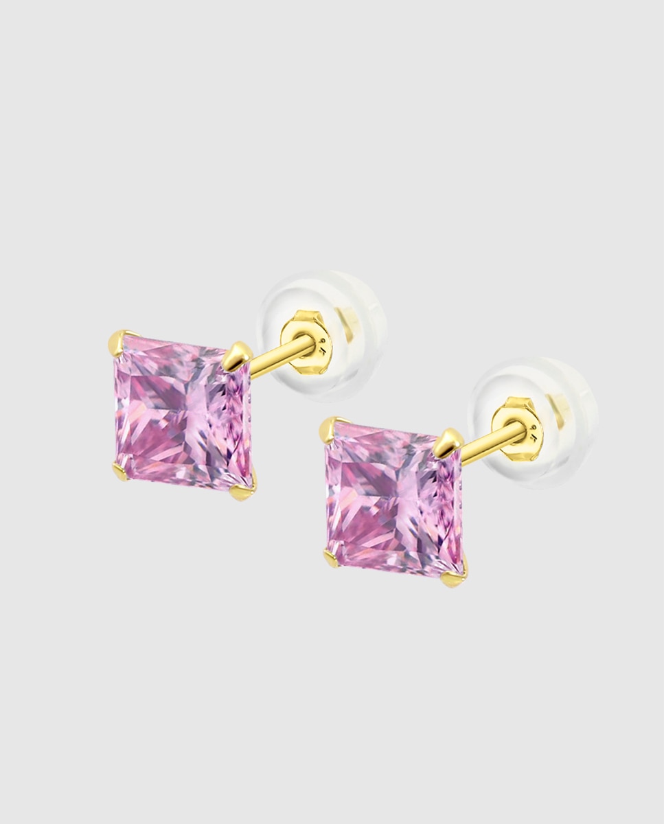 Brincos Hin00488/6 Basics de Ouro 9k com Acabamento Brilhante e Zircônia e Motivo Geométrico Rosa-1