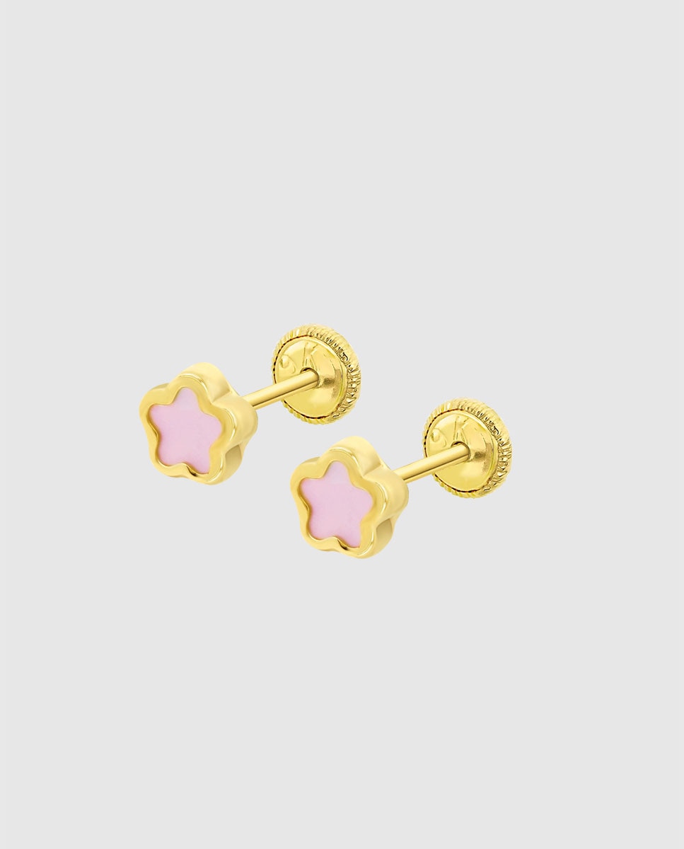 Brincos Hin00495/4 Basics de Ouro 9k com Acabamento Brilhante com Madrepérola e Motivo de Flor Rosa-1