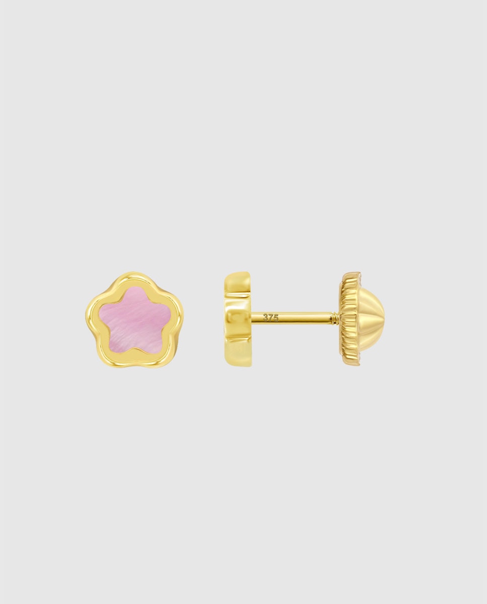Brincos Hin00495/4 Basics de Ouro 9k com Acabamento Brilhante com Madrepérola e Motivo de Flor Rosa-2