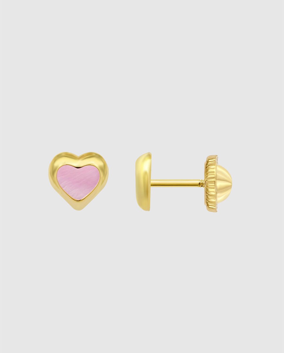 Brincos Hin00496/4 Basics de Ouro 9k com Acabamento Brilhante com Madrepérola e Motivo Coração Rosa-2