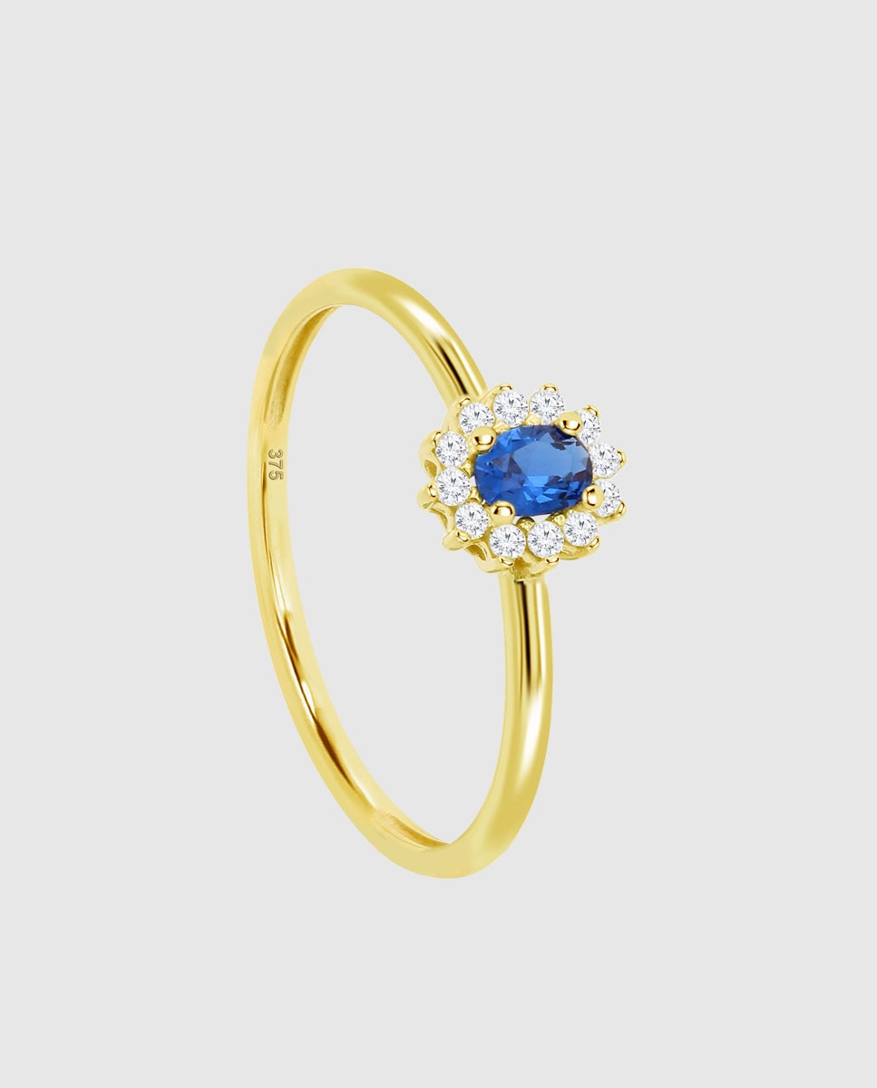 Anel Hin00502 Basics de Ouro 9k com Acabamento Brilhante com Zirconita e Motivo Solitário Azul-2
