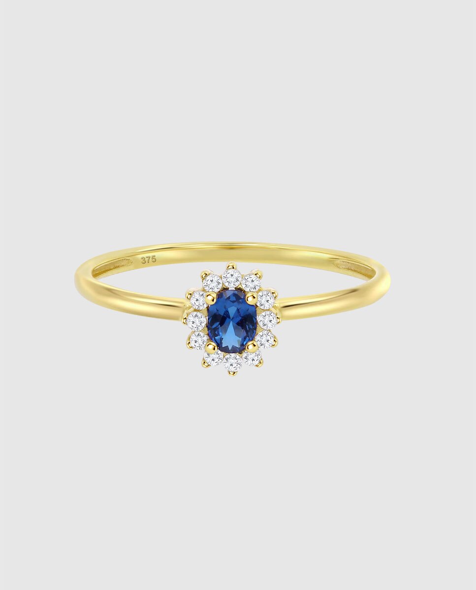 Anel Hin00502 Basics de Ouro 9k com Acabamento Brilhante com Zirconita e Motivo Solitário Azul-3
