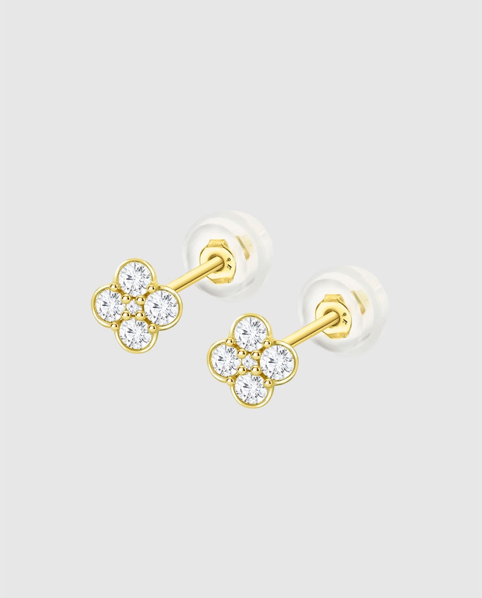 Brincos Hin00498 Basics de Ouro 9k com Acabamento Brilhante e Zircónias e Motivo Flor Branco-1
