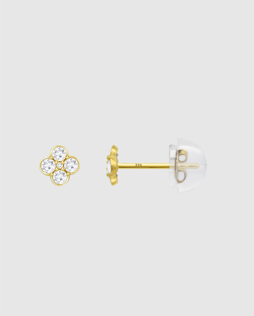 Brincos Hin00498 Basics de Ouro 9k com Acabamento Brilhante e Zircónias e Motivo Flor Branco-2
