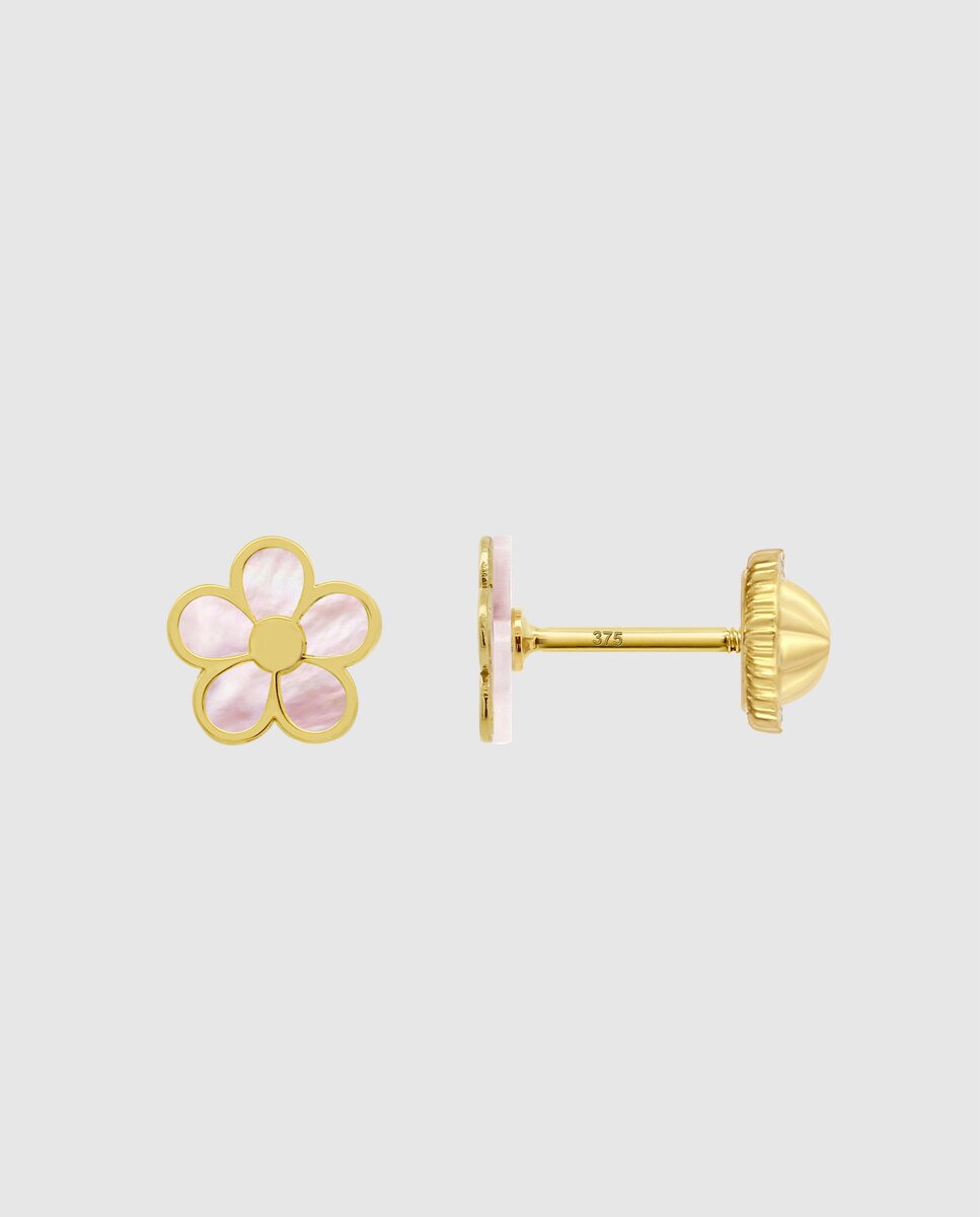 Brincos Hin00516/6 Basics de Ouro 9k com Acabamento Brilhante e Madrepérola com Motivo de Flor Rosa-2