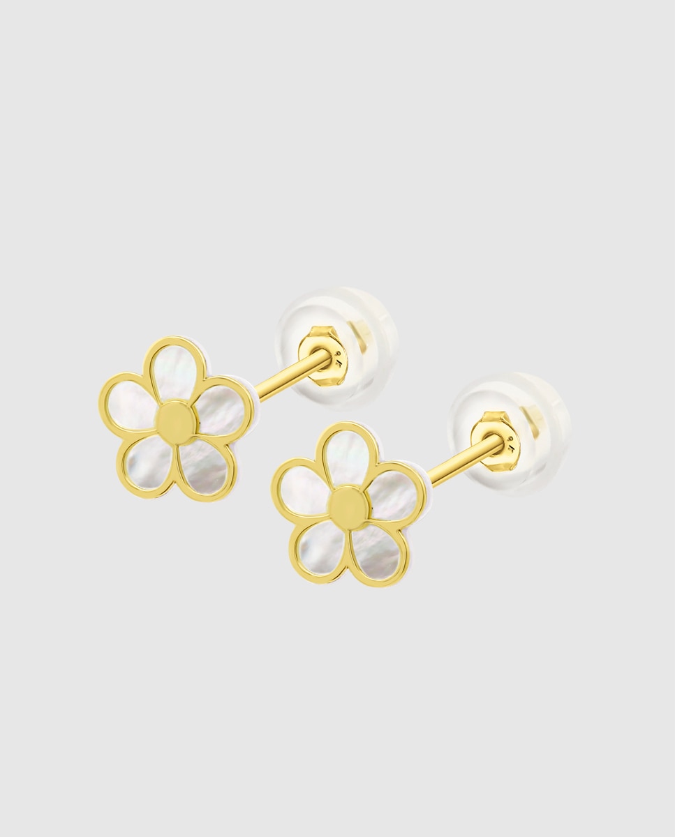 Imagem 0 de Brincos Hin00517/8 Basics de Ouro 9k com Acabamento Brilhante e Madrepérola e Motivo de Flor