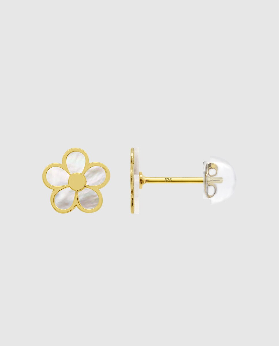 Brincos Hin00517/8 Basics de Ouro 9k com Acabamento Brilhante e Madrepérola e Motivo de Flor Branco-2