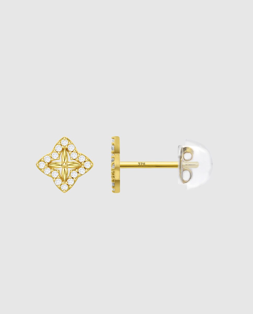 Brincos Hin00523 Basics de Ouro 9k com Acabamento Brilhante e Zirconita e Motivo Trevo Branco-2