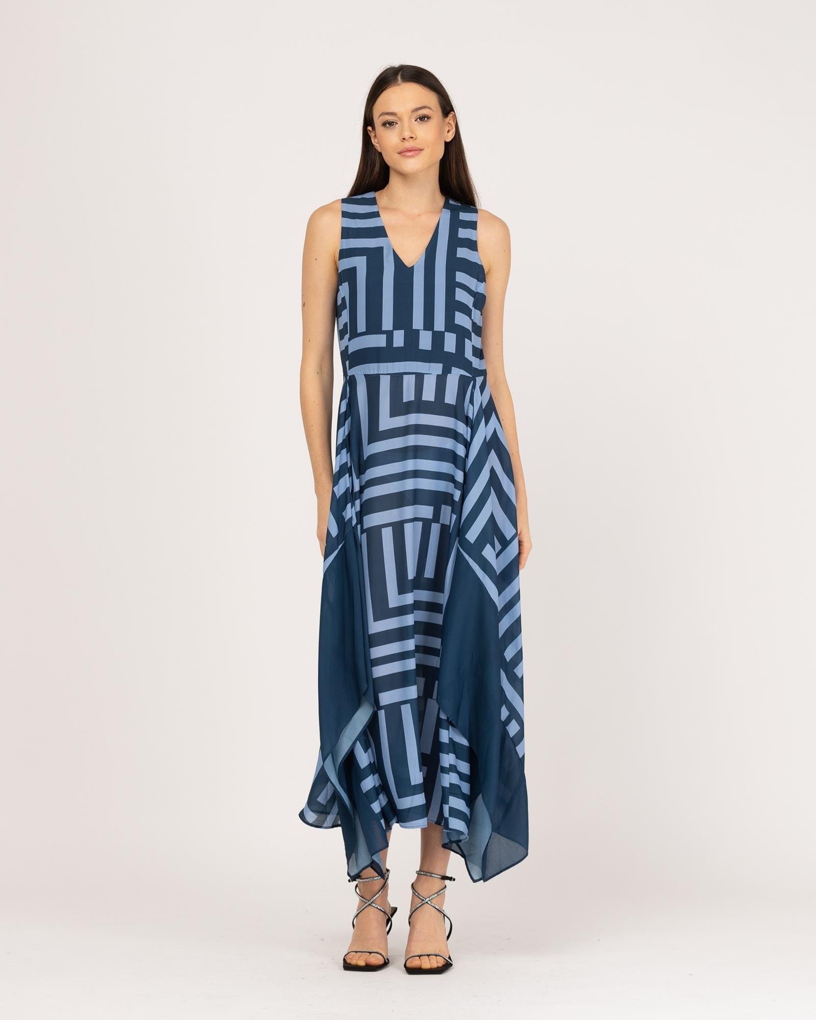 Vestido Comprido com Tecido a Contraste Marinho-1