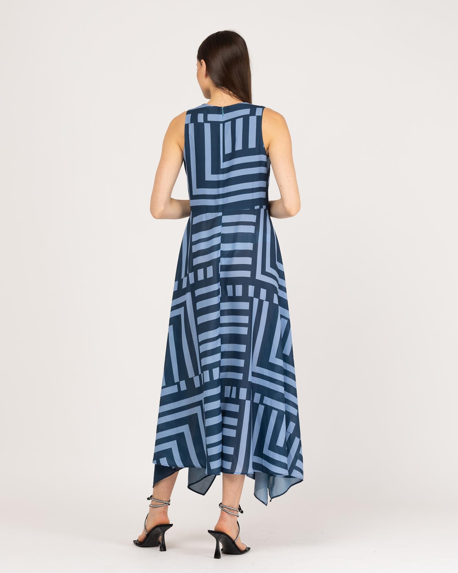 Vestido Comprido com Tecido a Contraste Marinho-3
