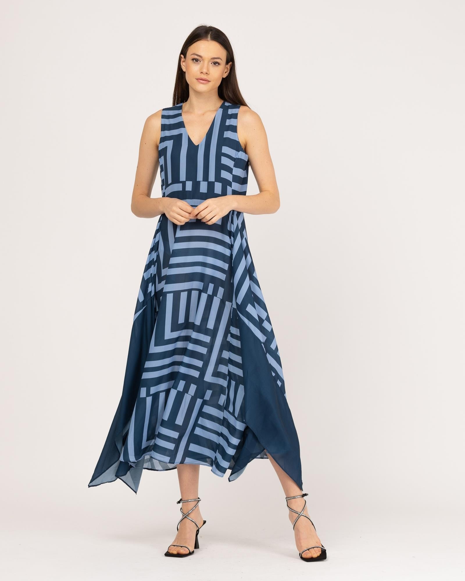 Vestido Comprido com Tecido a Contraste Marinho-5