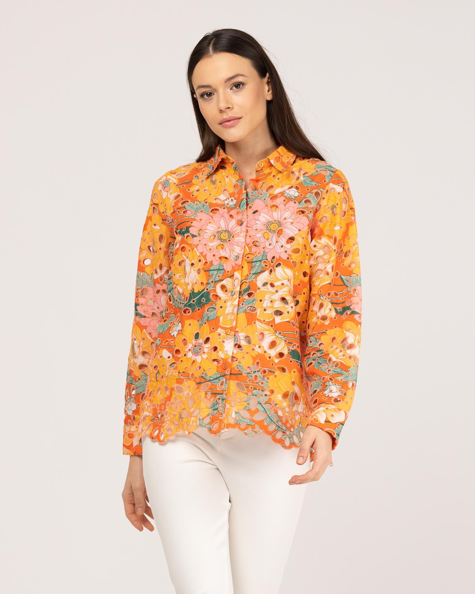 Camisa de Manga Comprida em Algodão Perfurado Laranja-1