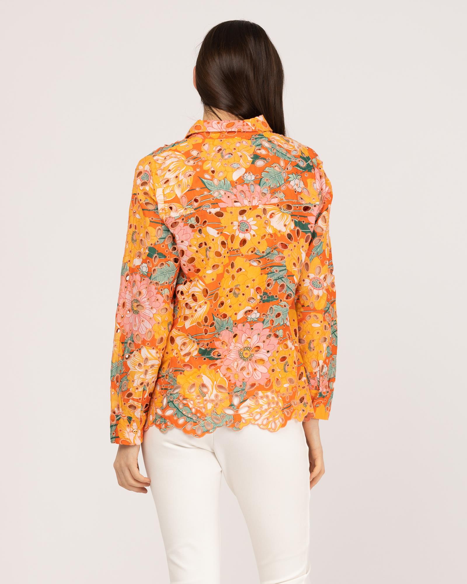 Camisa de Manga Comprida em Algodão Perfurado Laranja-3