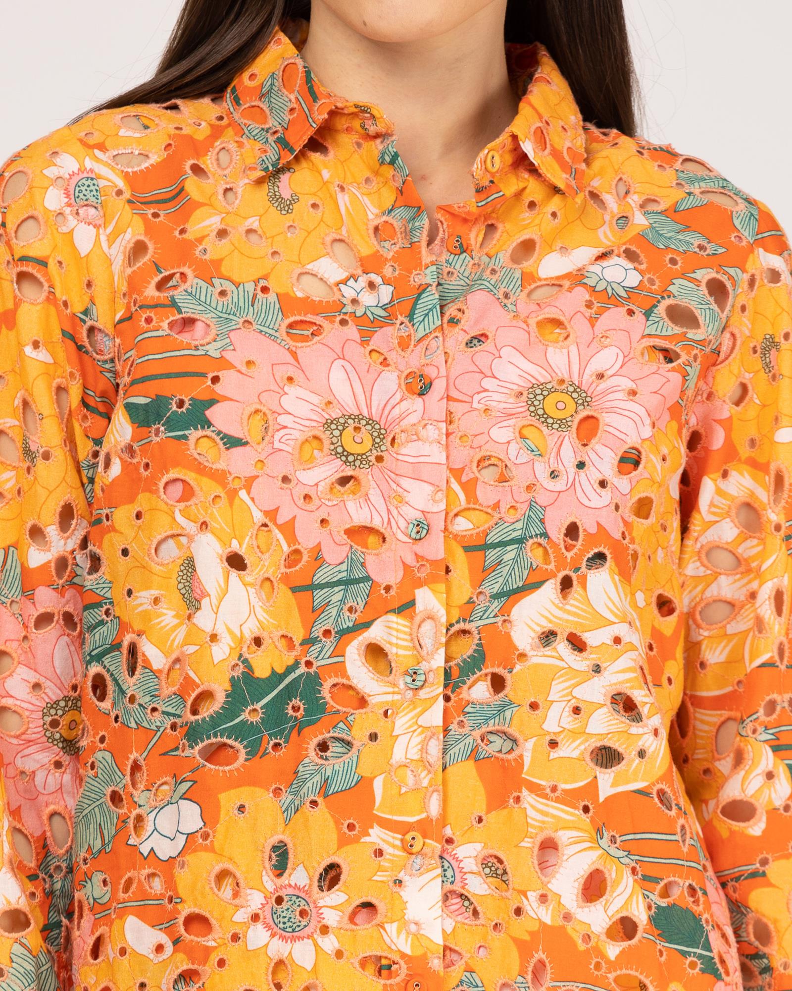 Camisa de Manga Comprida em Algodão Perfurado Laranja-4