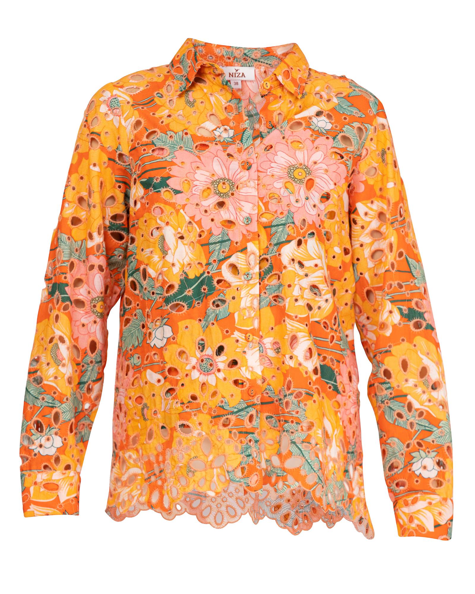 Camisa de Manga Comprida em Algodão Perfurado Laranja-6