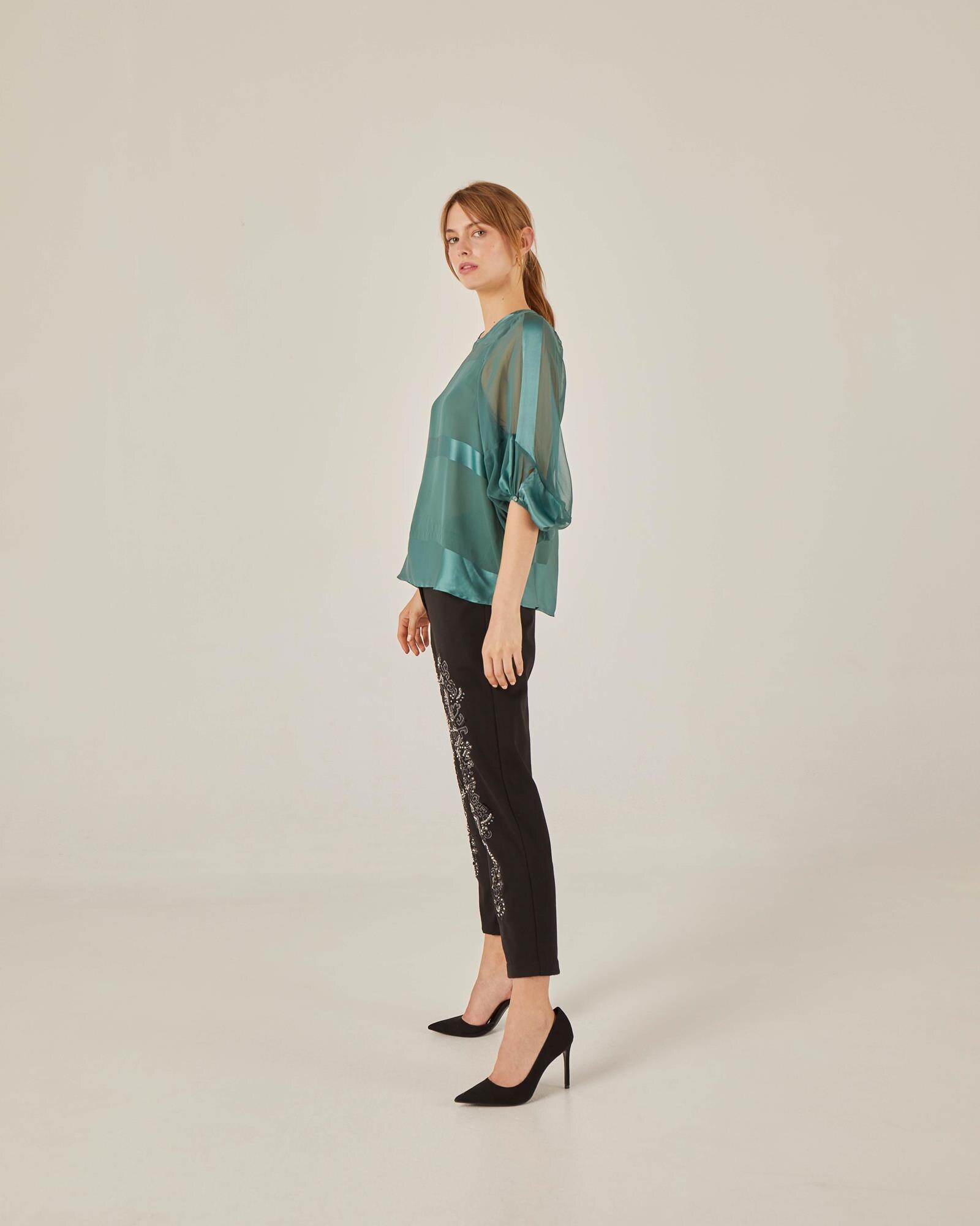 Blusa de manga bufante com cinto para mulher Verde-claro-3