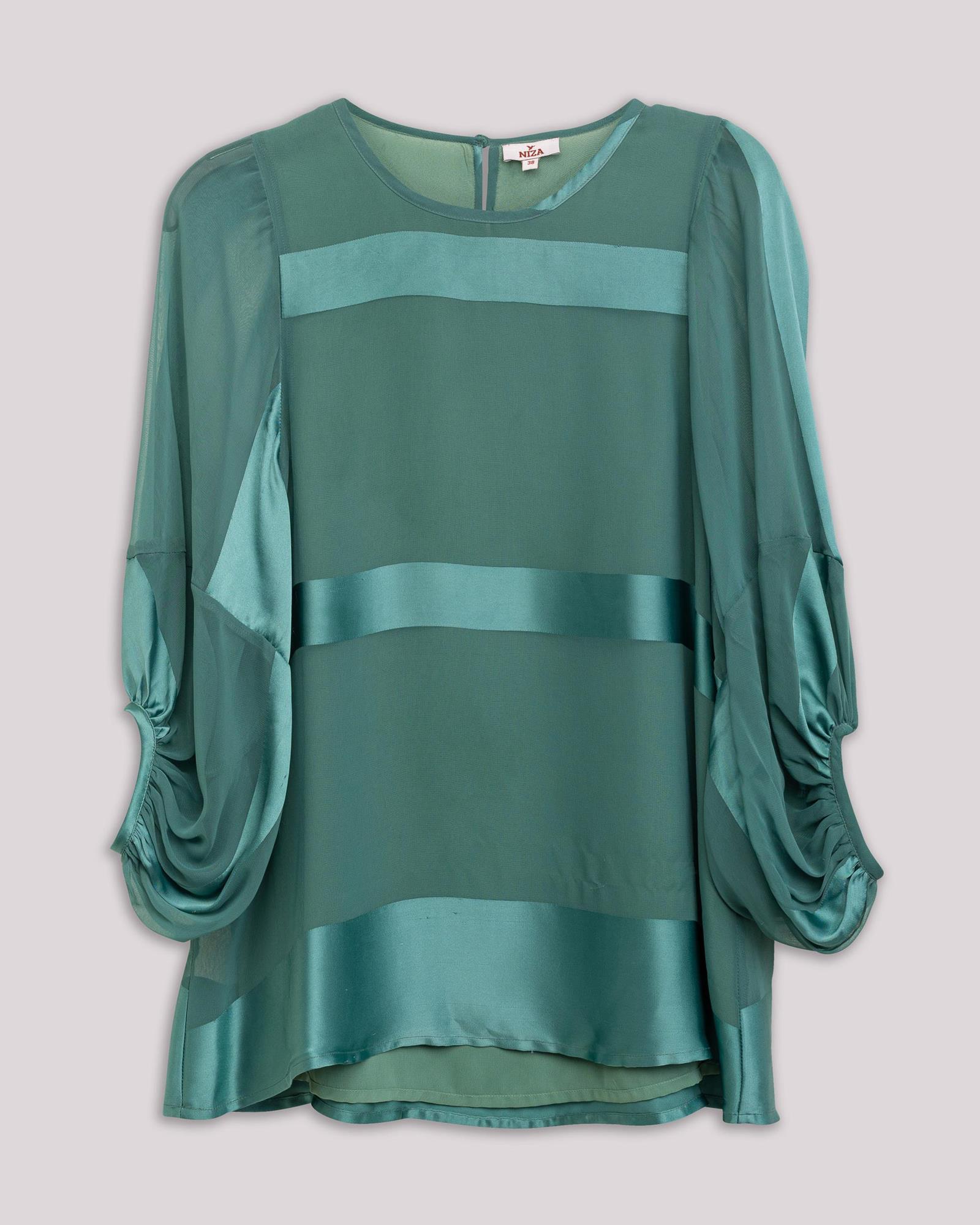 Blusa de manga bufante com cinto para mulher Verde-claro-6