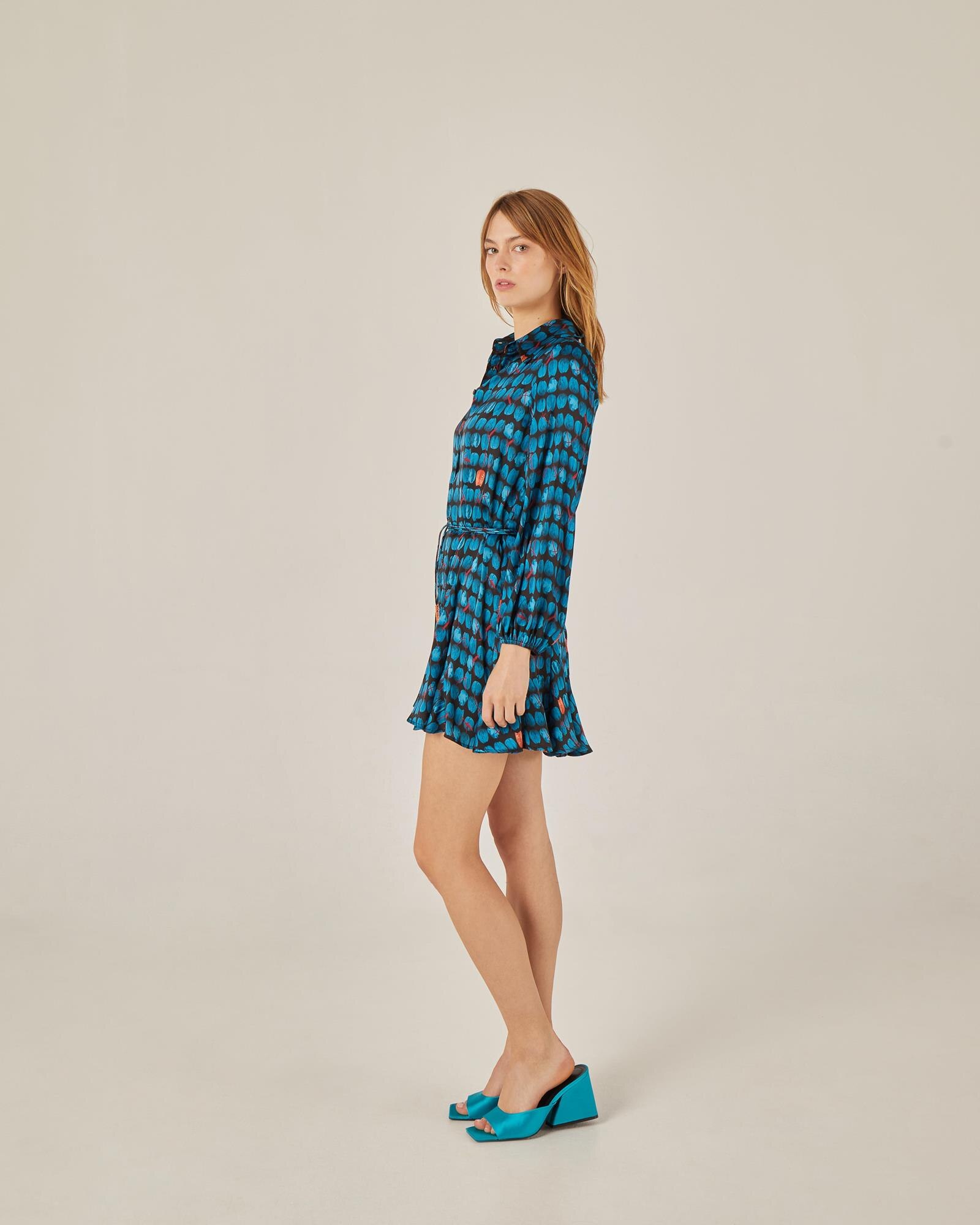 Vestido de tiro encolhido curto Azul-3