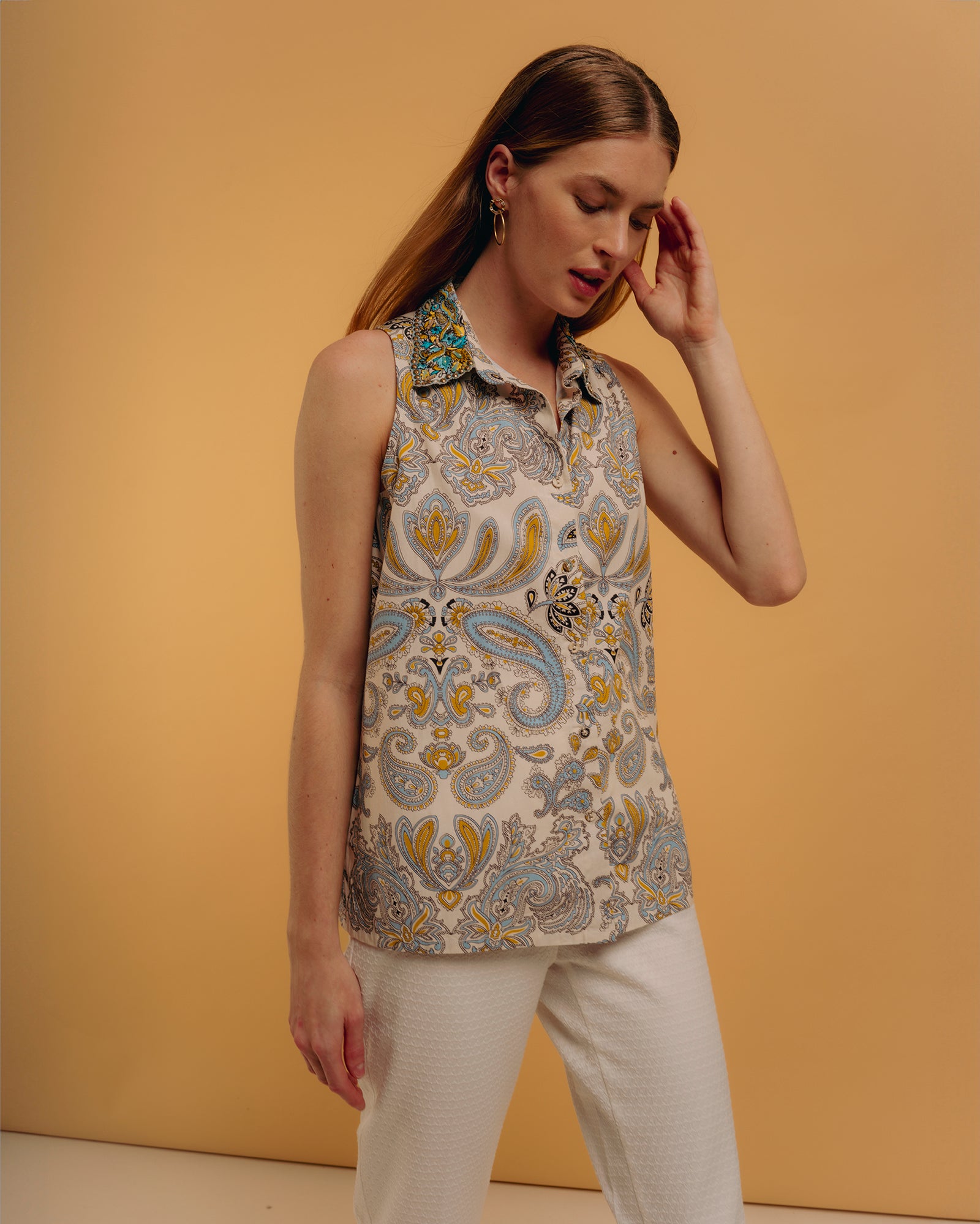 Camisa Estampada com Manga Cava Natural-1