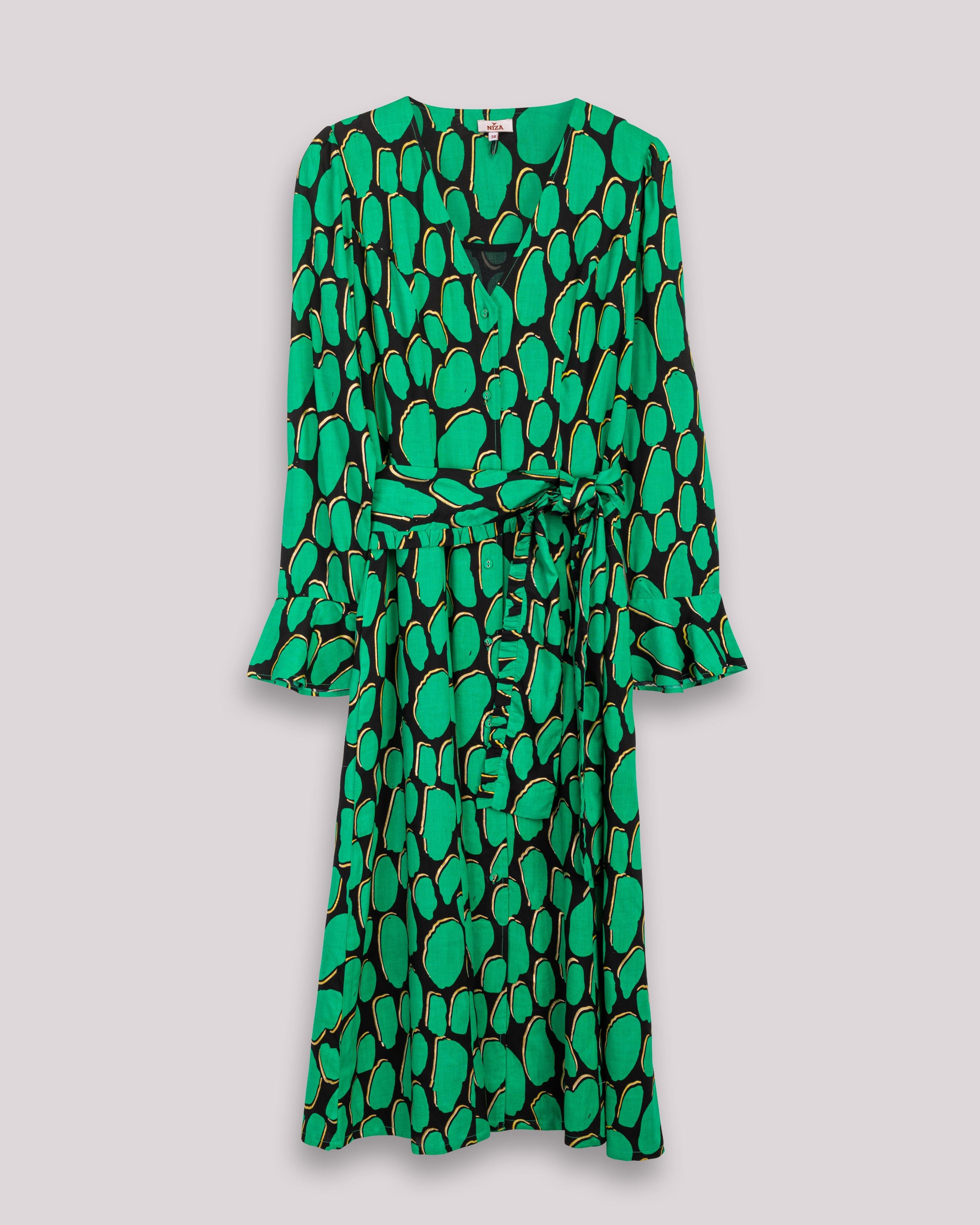 Vestido Comprido com Gola em V com Estampado Abstrato Victoria Verde-6