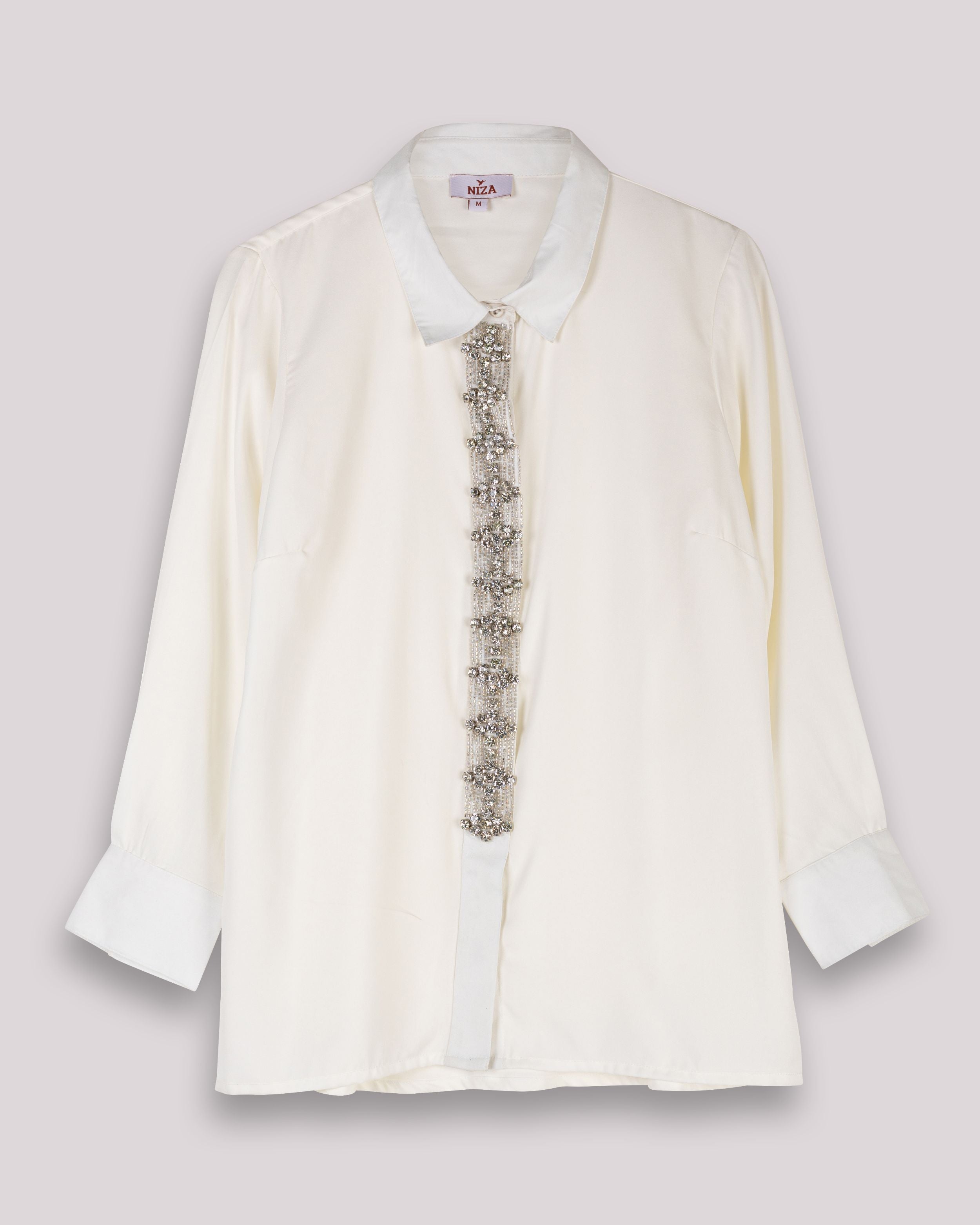 Camisa com Detalhe de Pedraria Prateada Lucía Branco-6