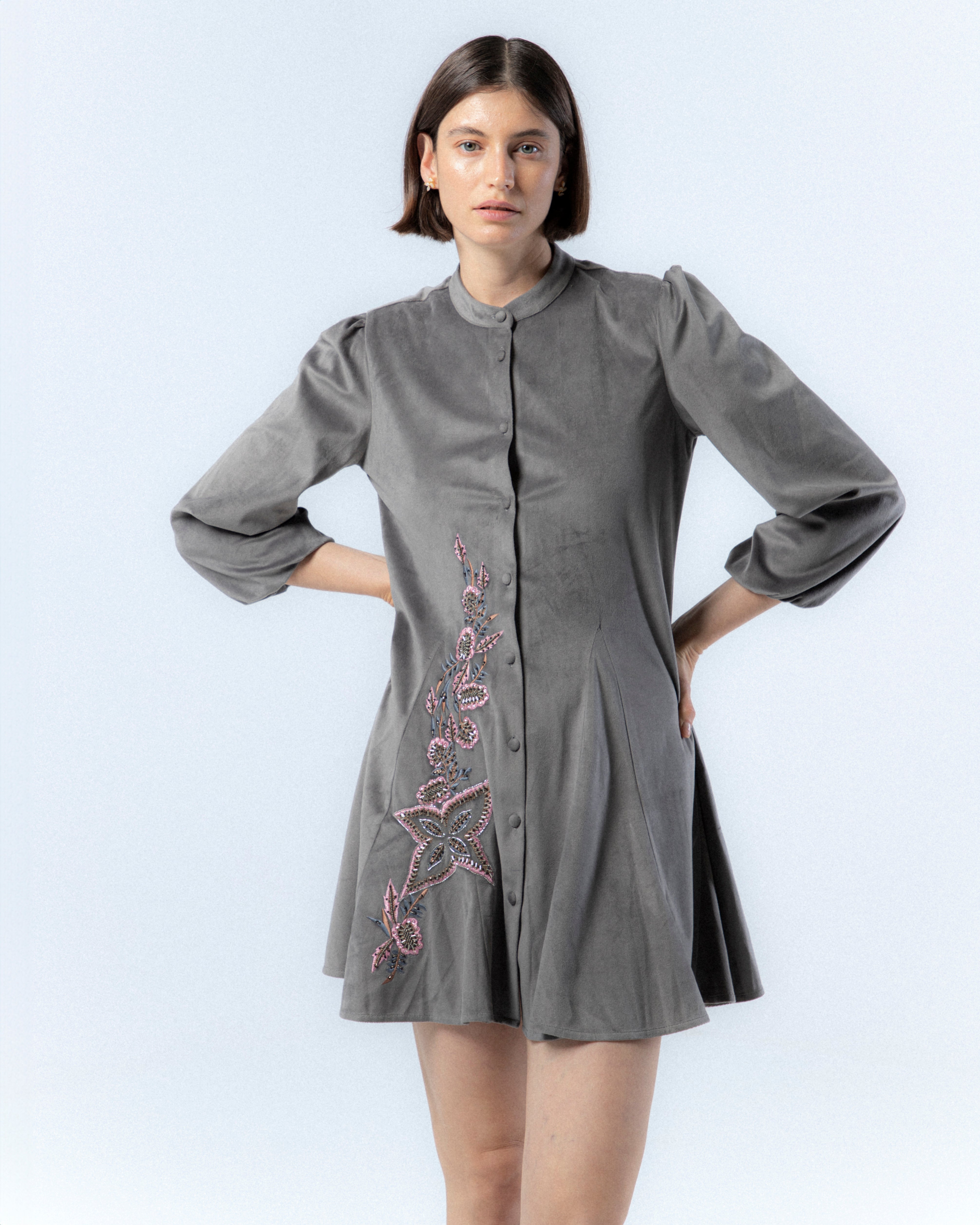 Vestido Mini com Tecido de Veludo Carlota Cinzento-escuro-1