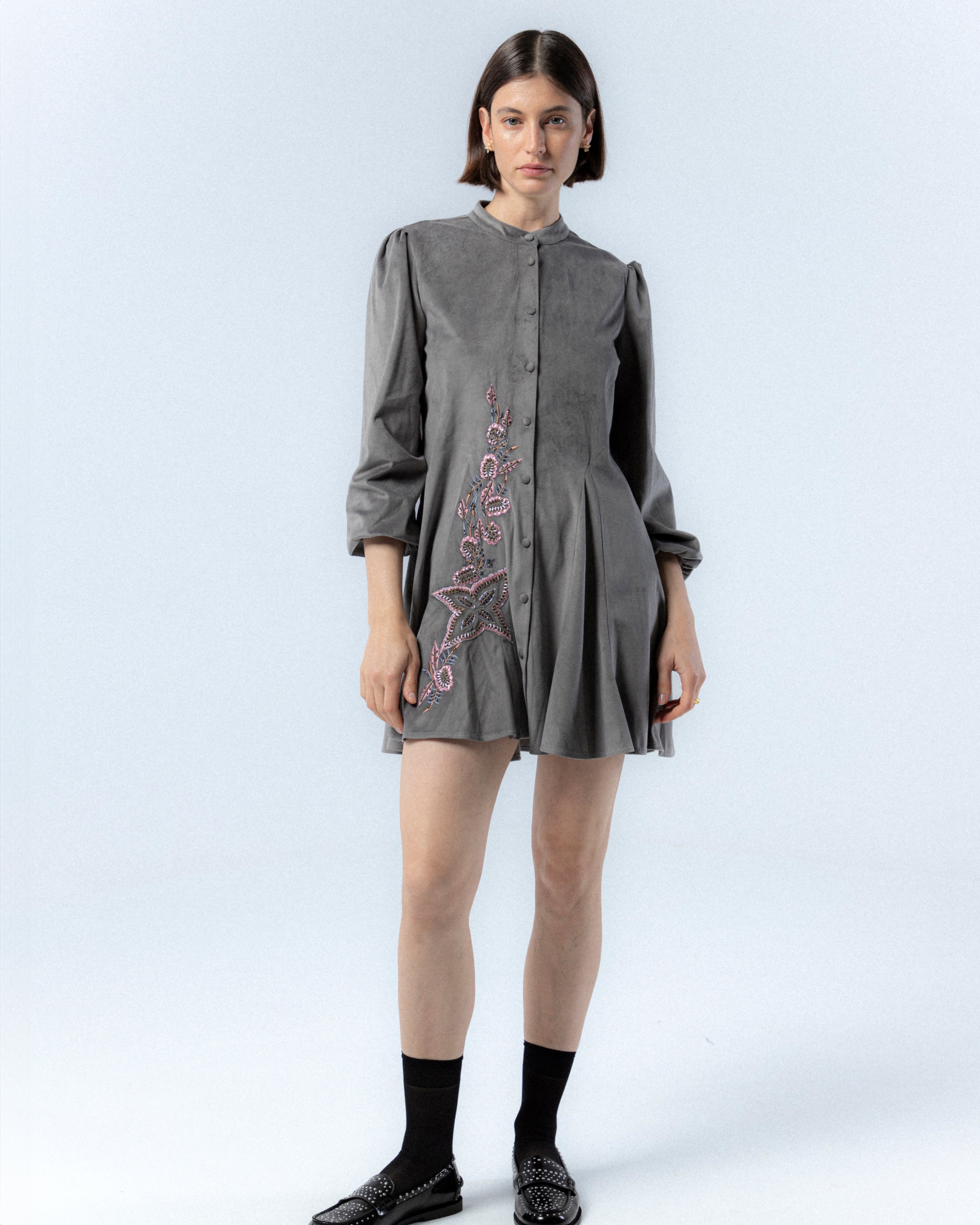 Vestido Mini com Tecido de Veludo Carlota Cinzento-escuro-2