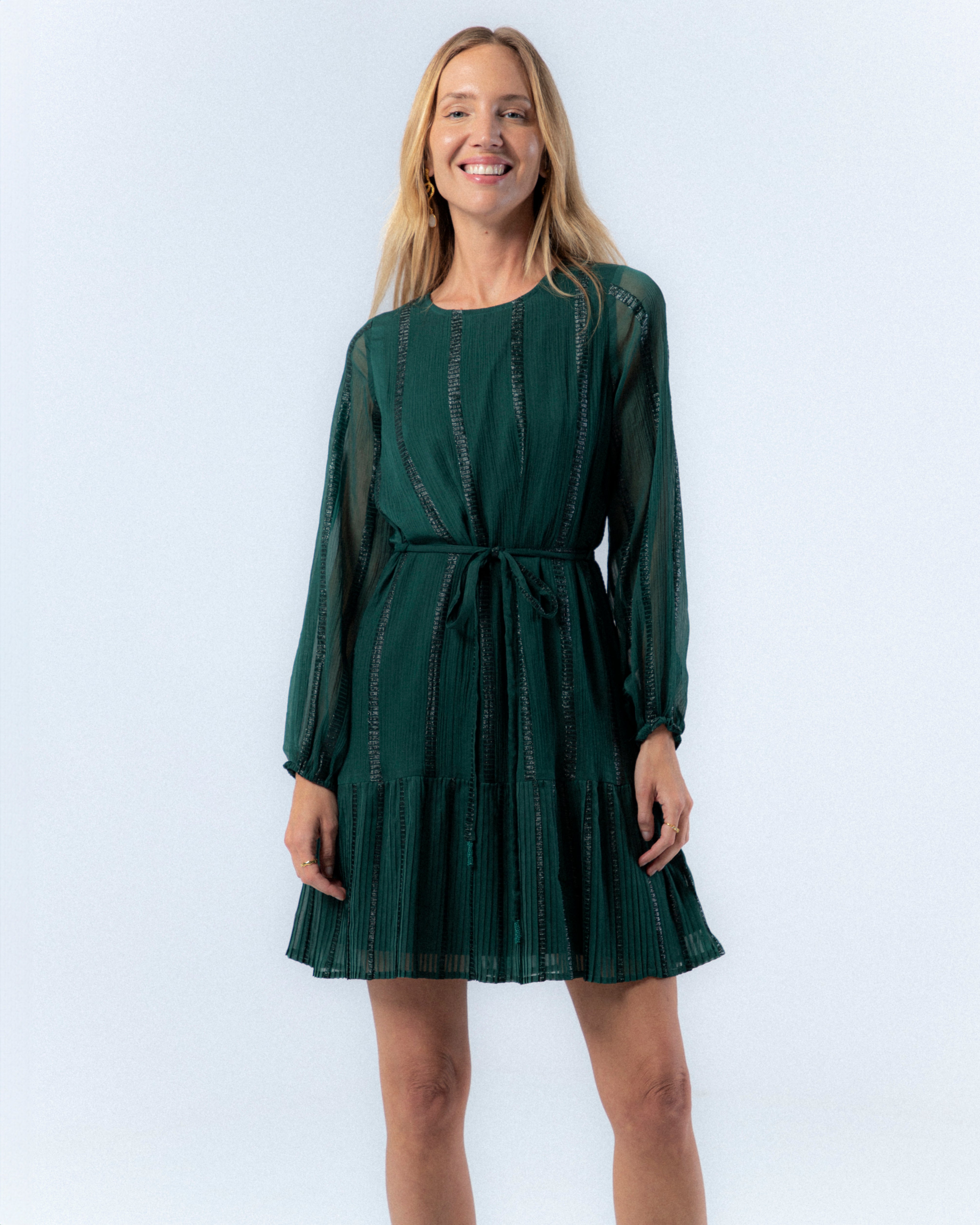 Vestido Curto com Gola em V e Cinto de Pedras Lara Verde-1