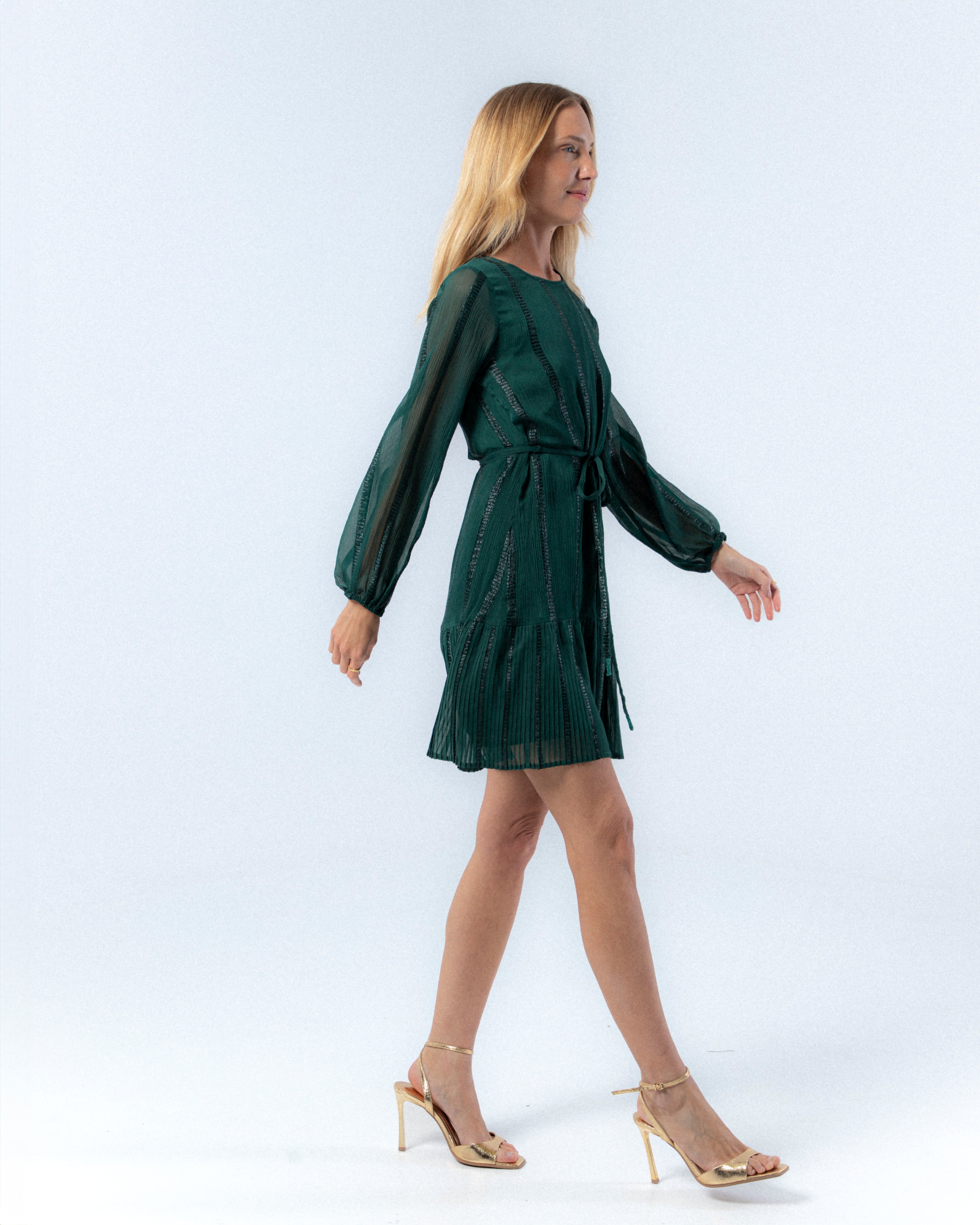 Vestido Curto com Gola em V e Cinto de Pedras Lara Verde-4