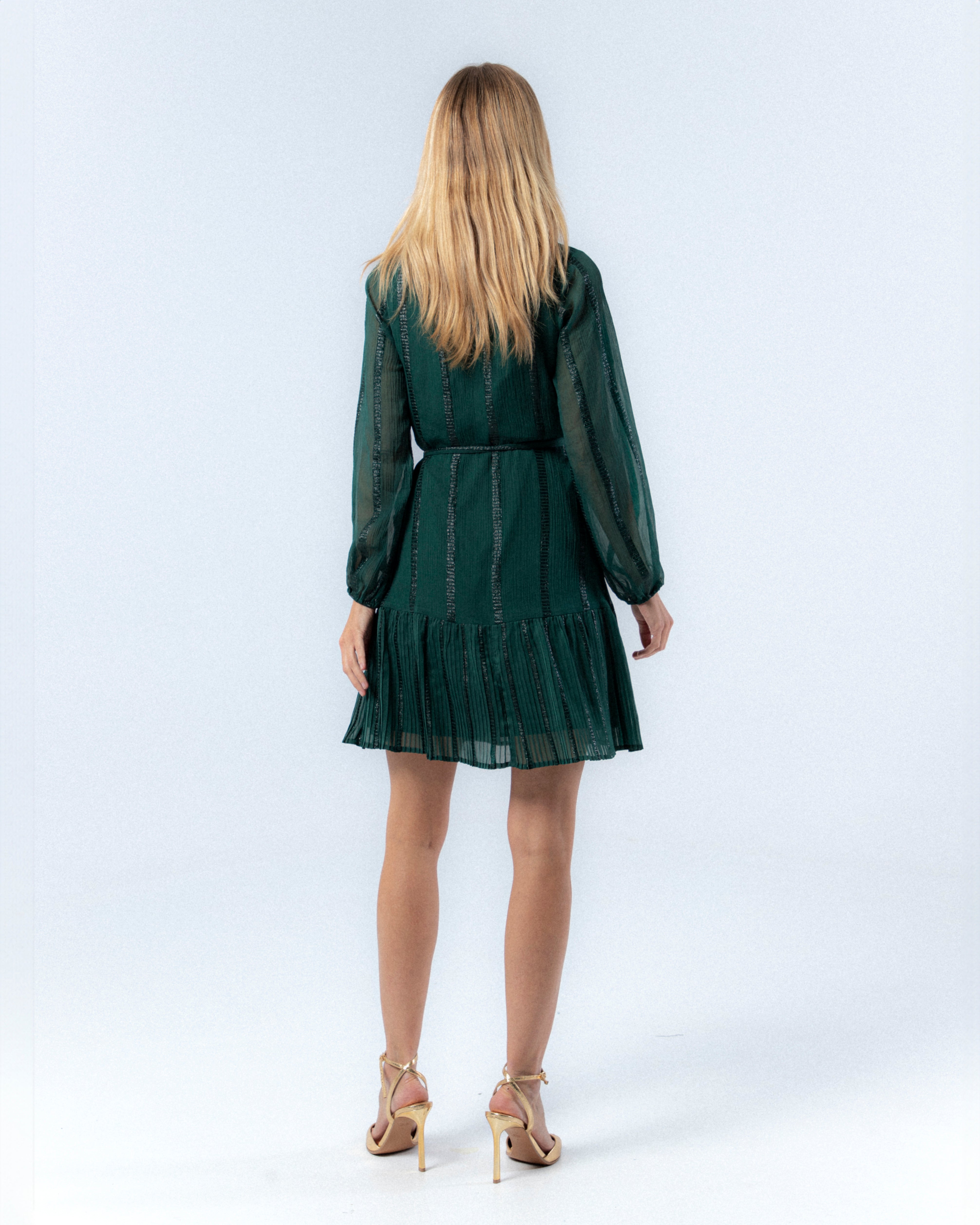 Vestido Curto com Gola em V e Cinto de Pedras Lara Verde-5