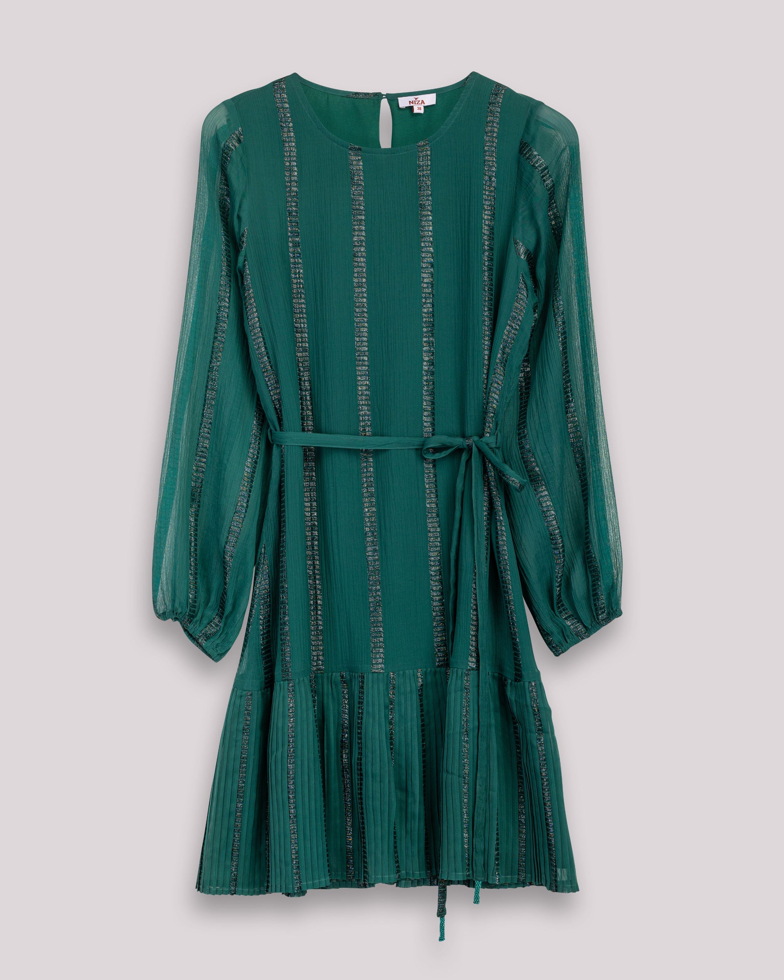 Vestido Curto com Gola em V e Cinto de Pedras Lara Verde-6