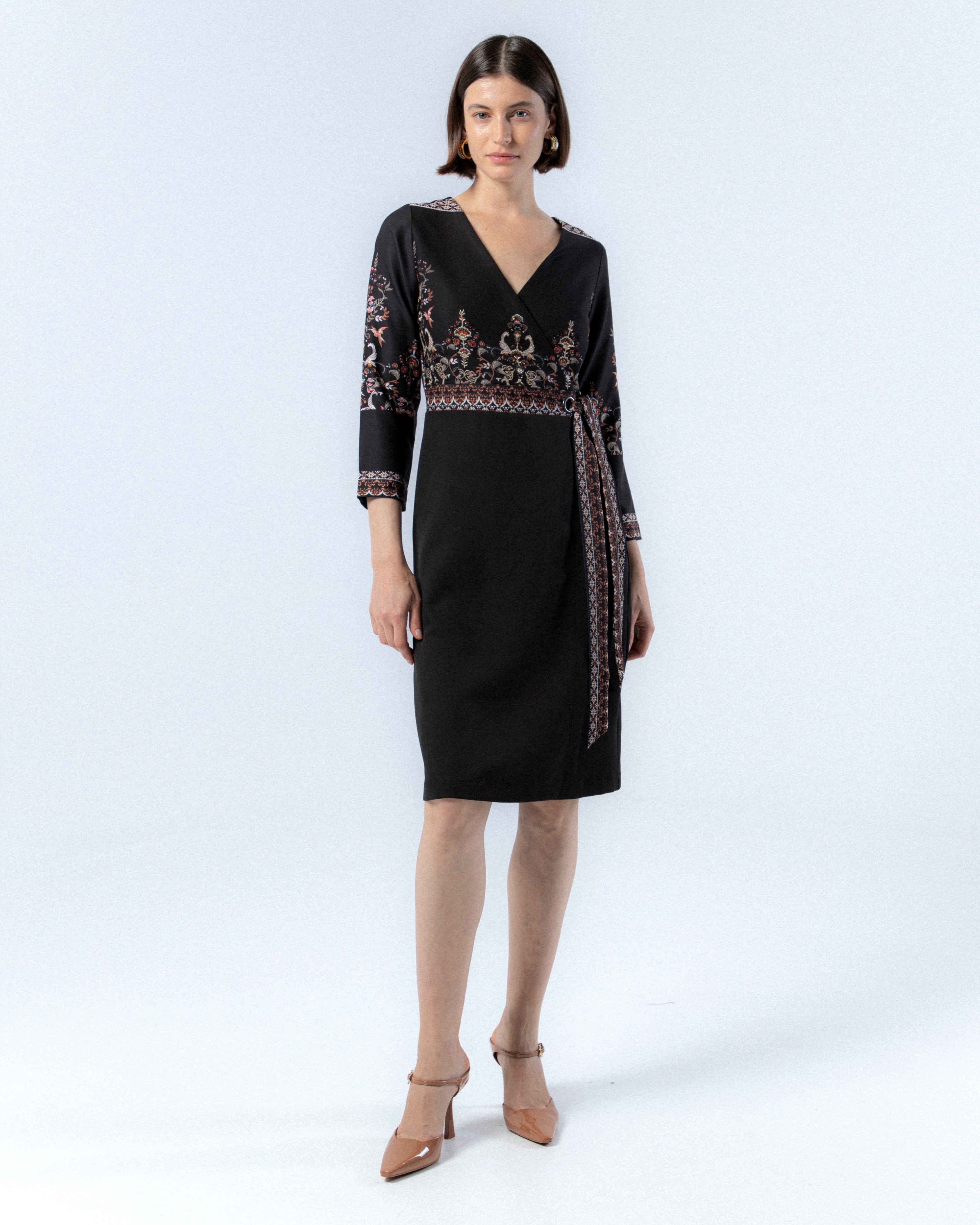 Vestido Midi Cruzado com Manga Abaixo do Cotovelo Loreto Preto-1