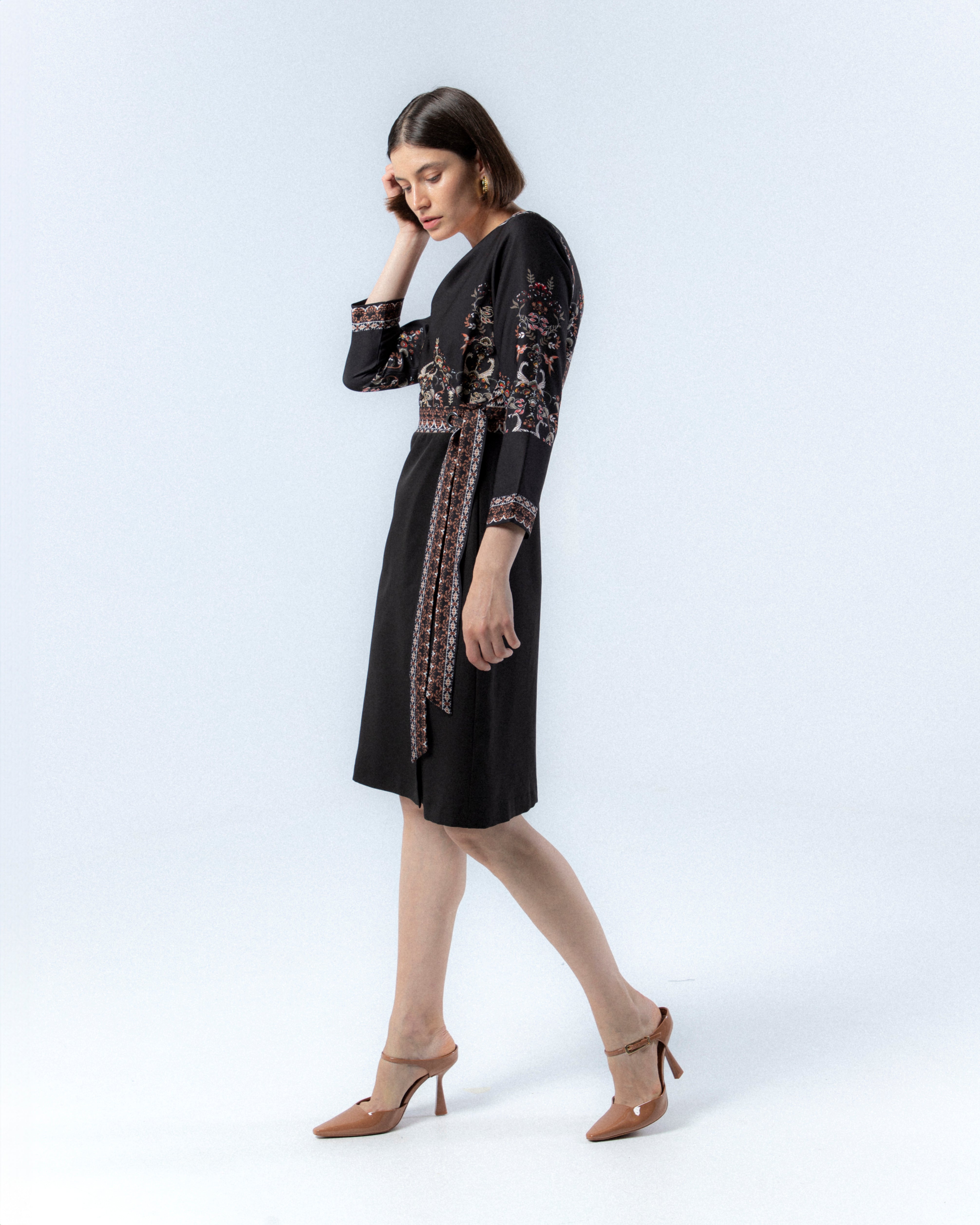 Vestido Midi Cruzado com Manga Abaixo do Cotovelo Loreto Preto-2