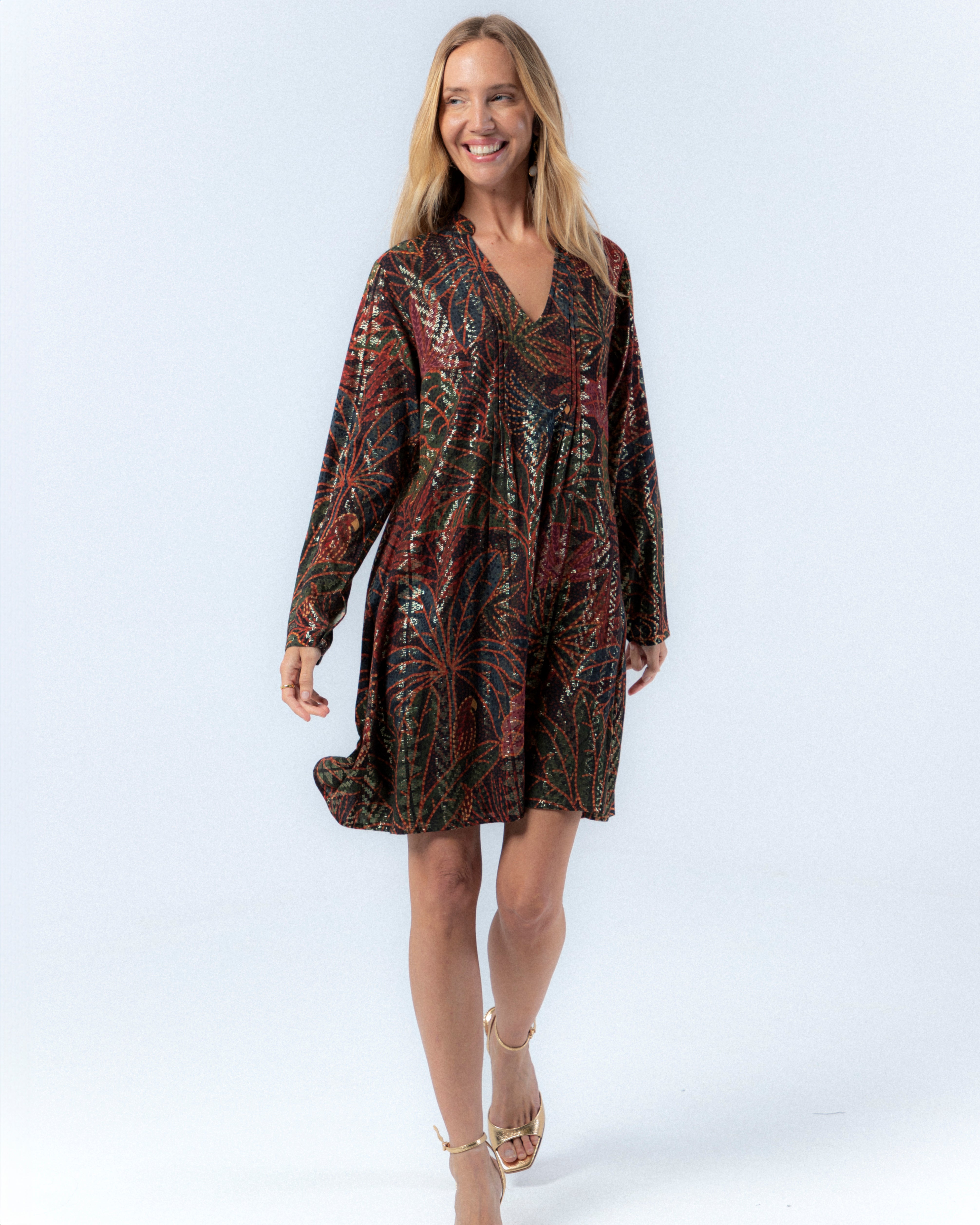 Vestido Curto de Gola em V com Tecido Lurex Adriana Multicolor-2