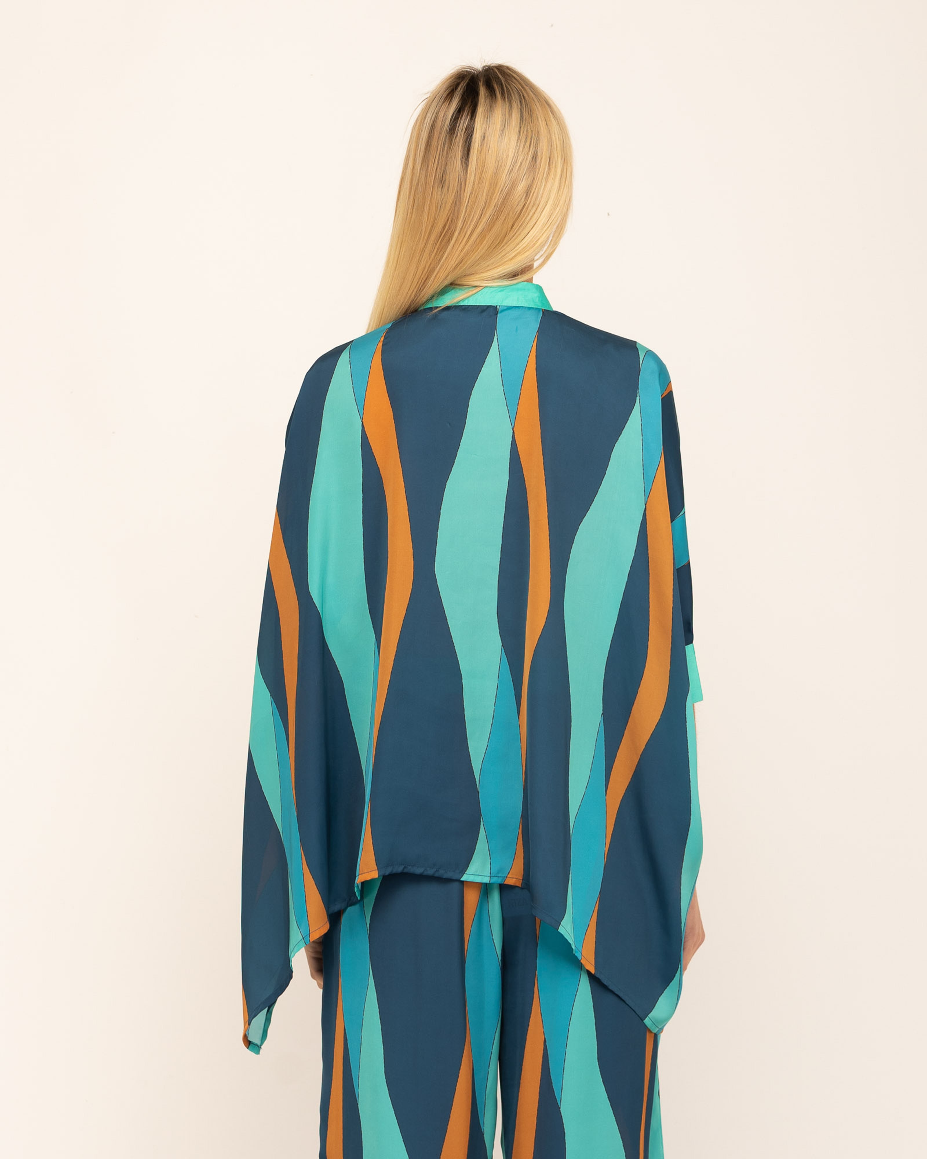 Blusa Folgada com Gola Redonda e Manga 3/4 Azul / Verde-5