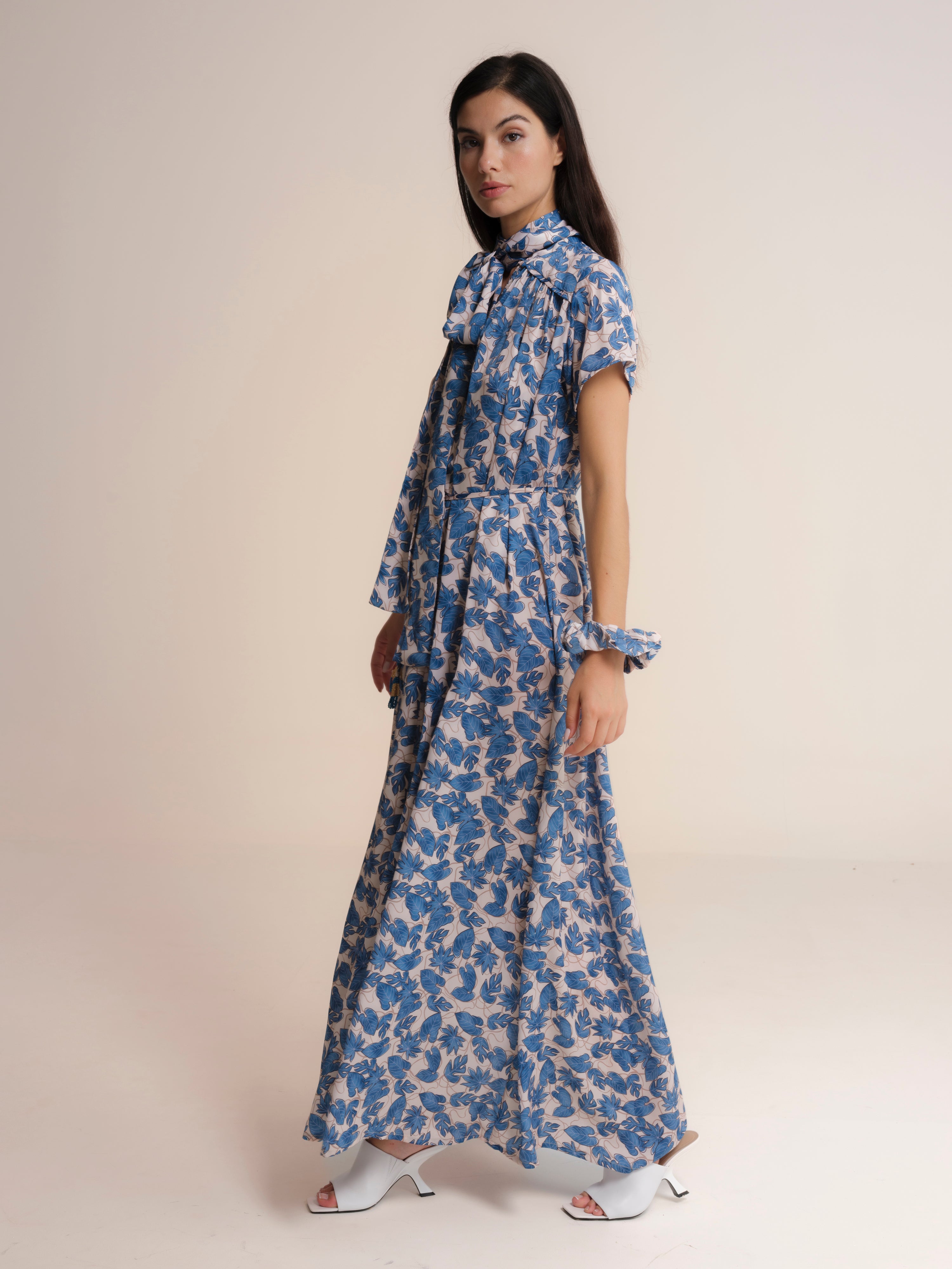 Vestido Comprido de Gola Redonda com Laço de Manga Curta Azul-1