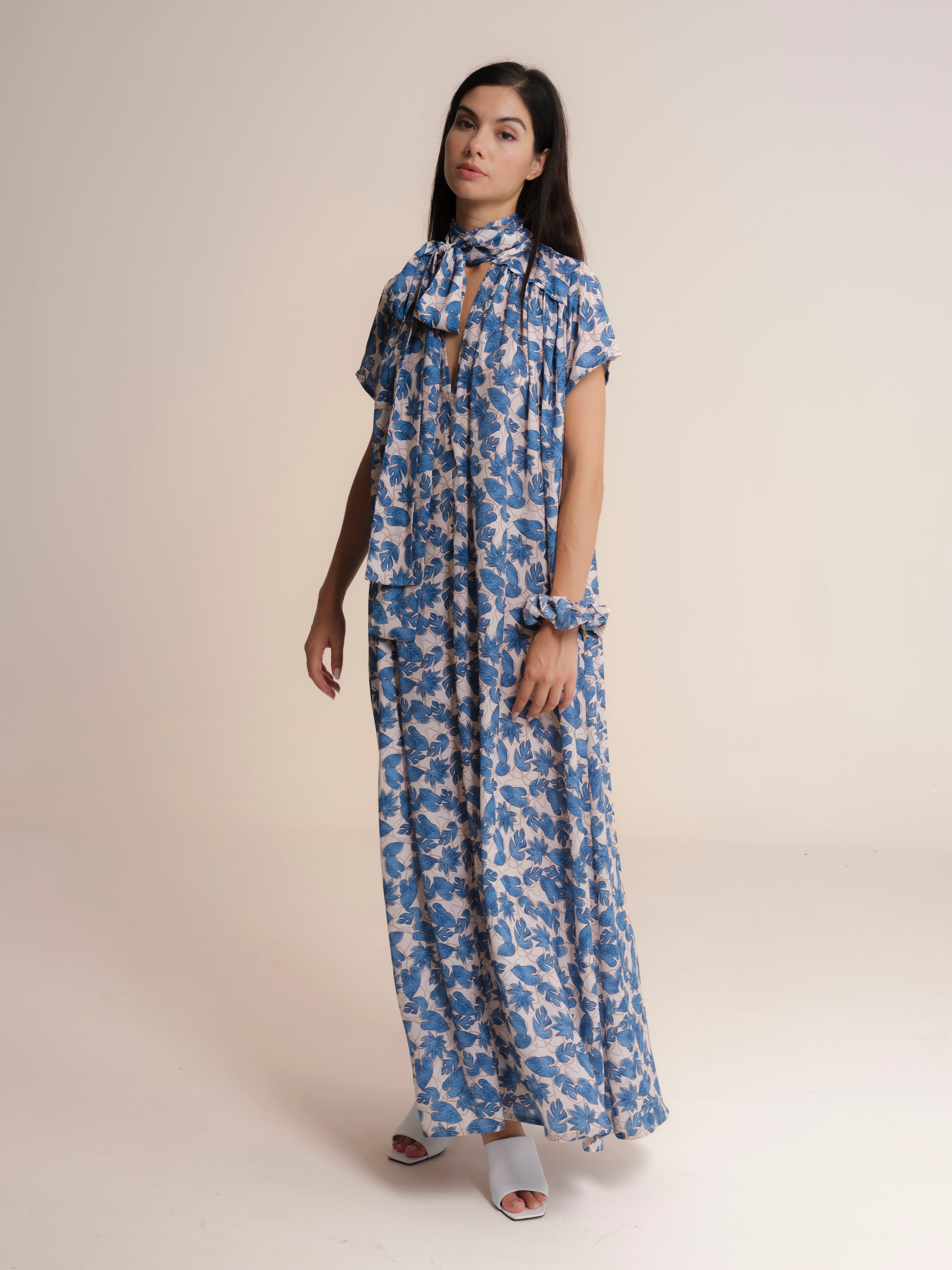 Vestido Comprido de Gola Redonda com Laço de Manga Curta Azul-2