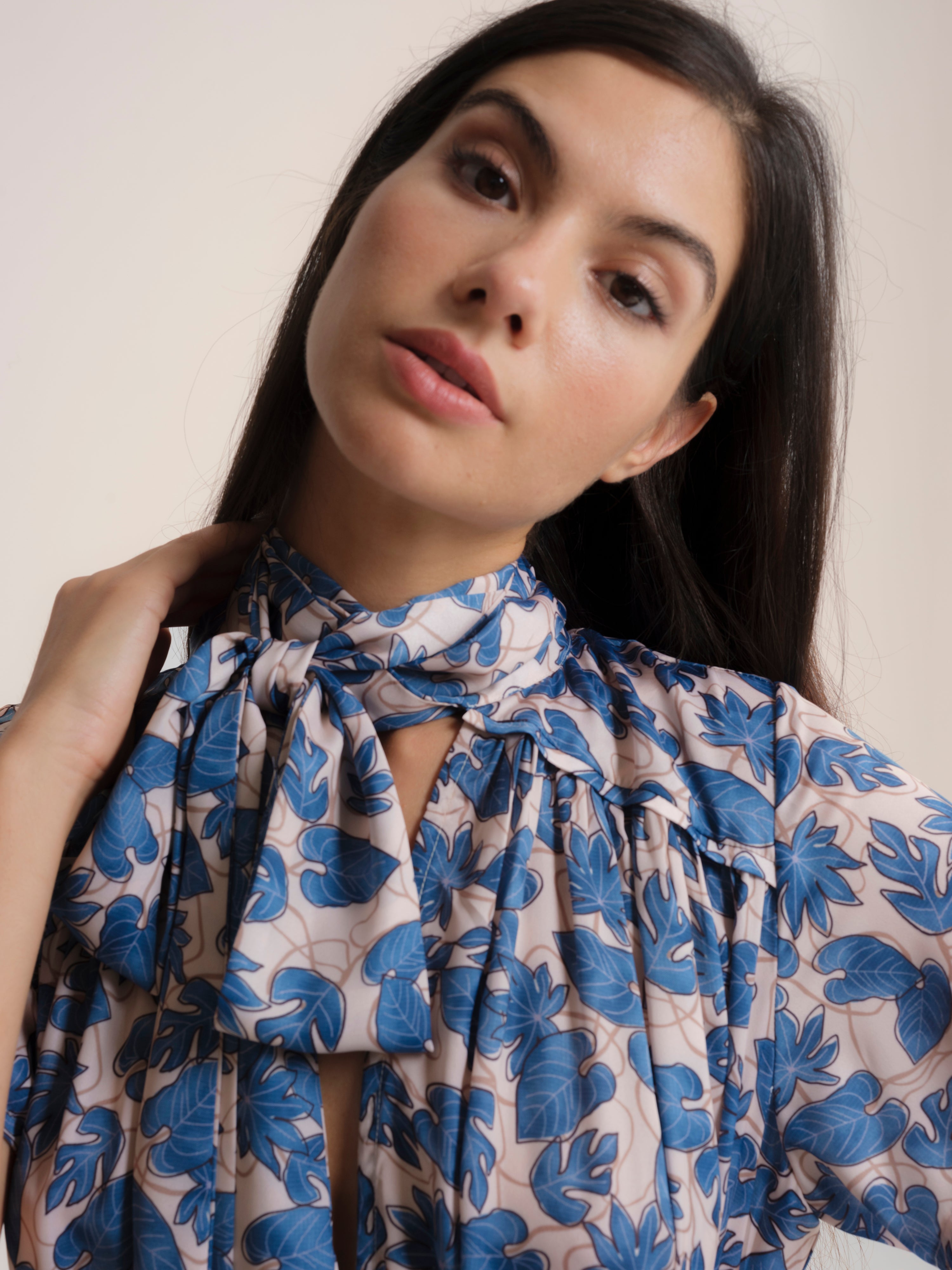Vestido Comprido de Gola Redonda com Laço de Manga Curta Azul-3