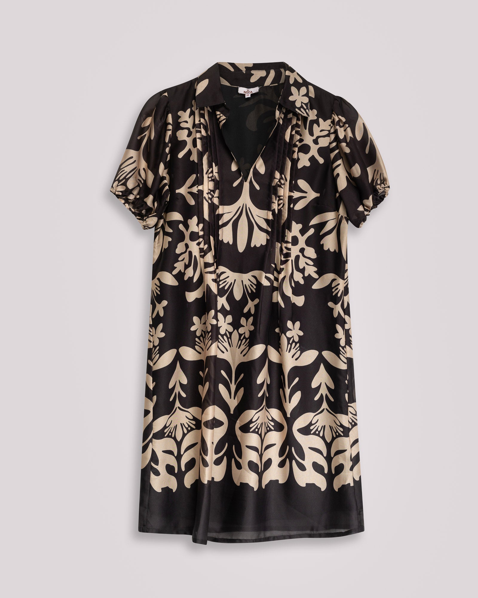 Vestido Curto Floral Romântico com Decote em V e Manga Abalonada Preto-5