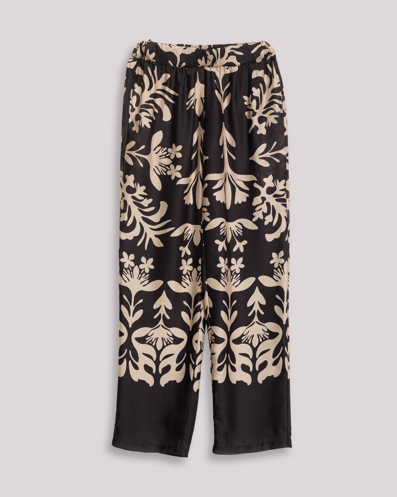 Calças Largas Fluídas de Cintura Subida e Estampado Floral Preto-5