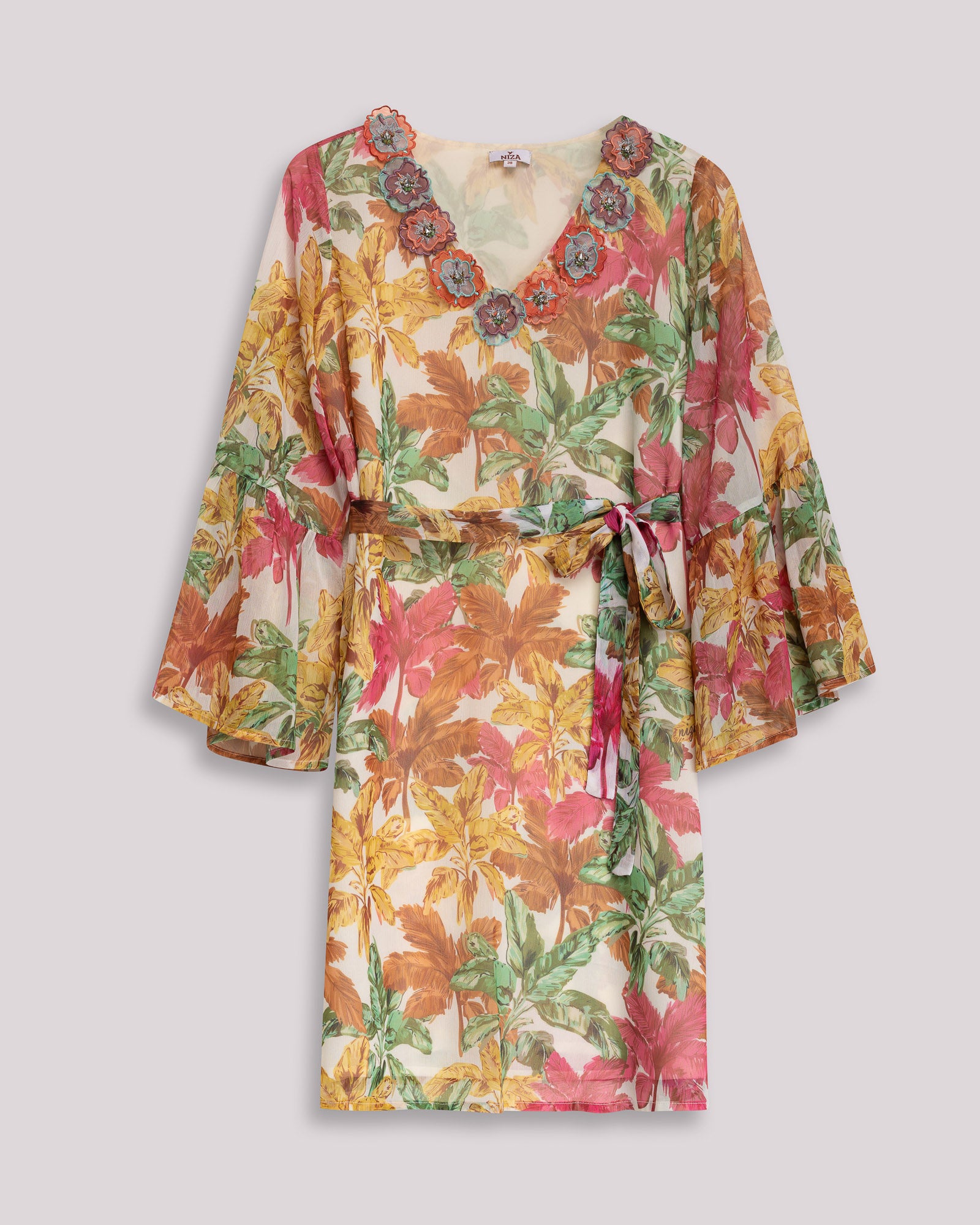 Vestido Curto com Manga 3/4 e Estampado Floral Multicolor-5