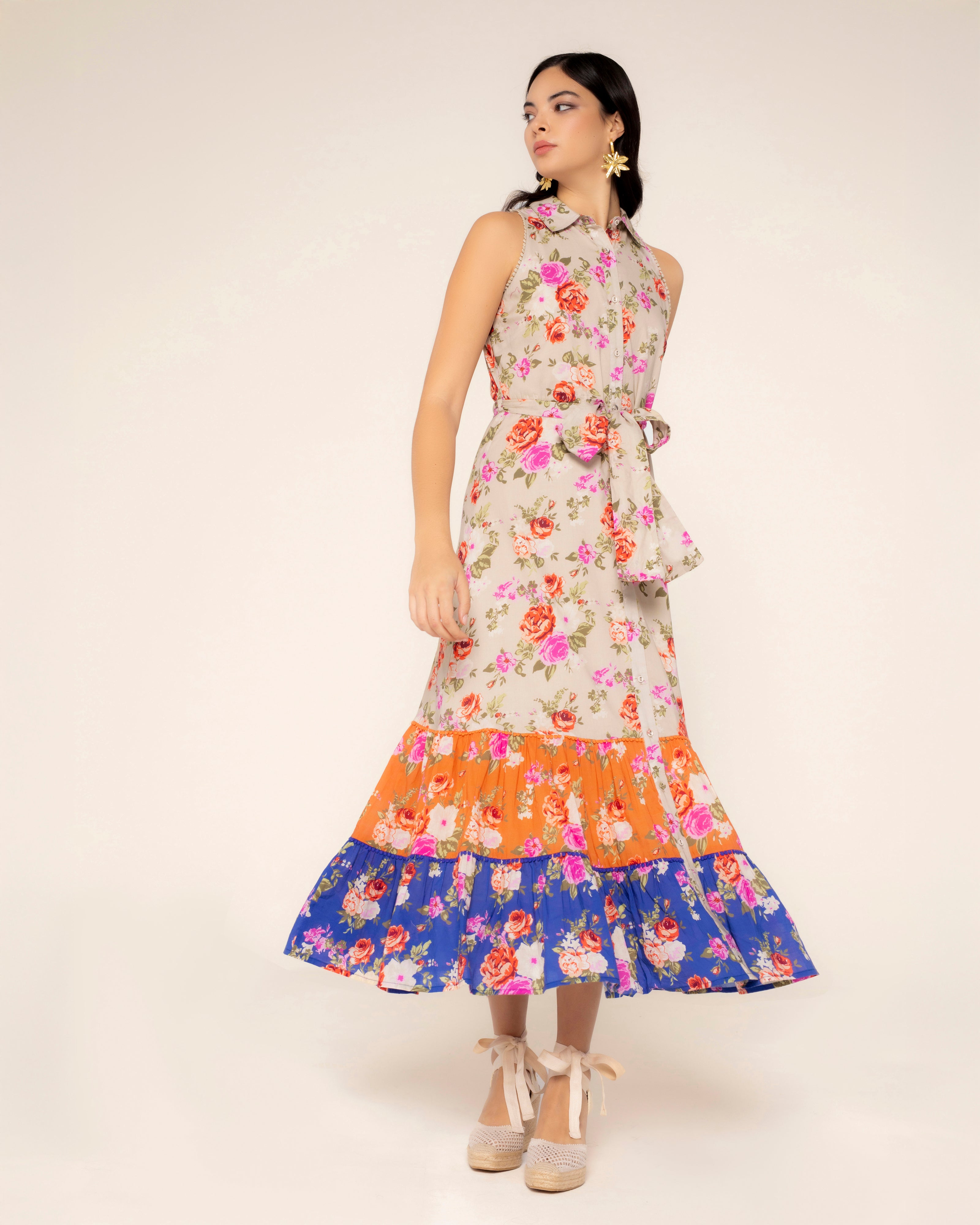 Vestido Comprido com Estampado Floral e Laçada Multicolor-1