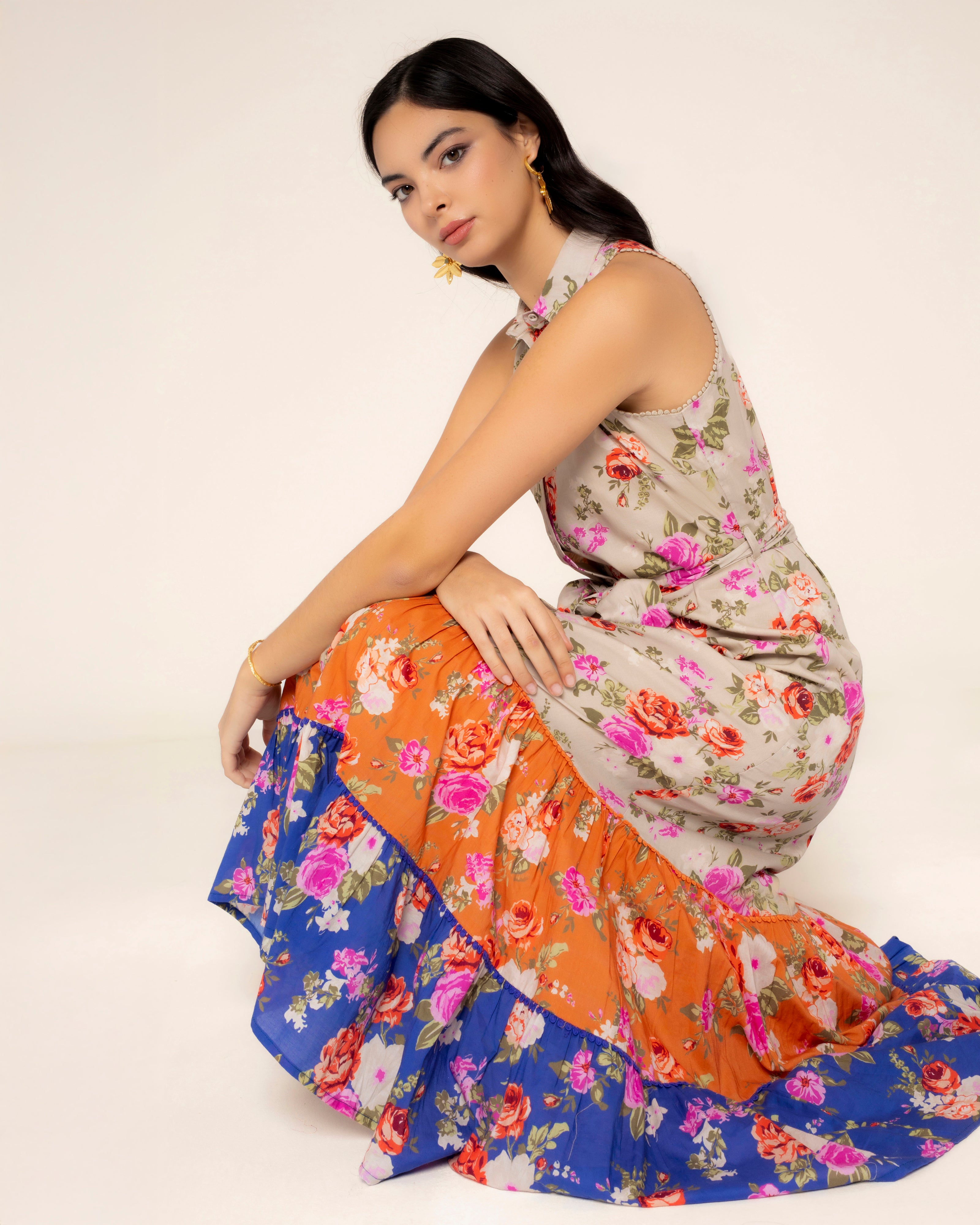 Vestido Comprido com Estampado Floral e Laçada Multicolor-2