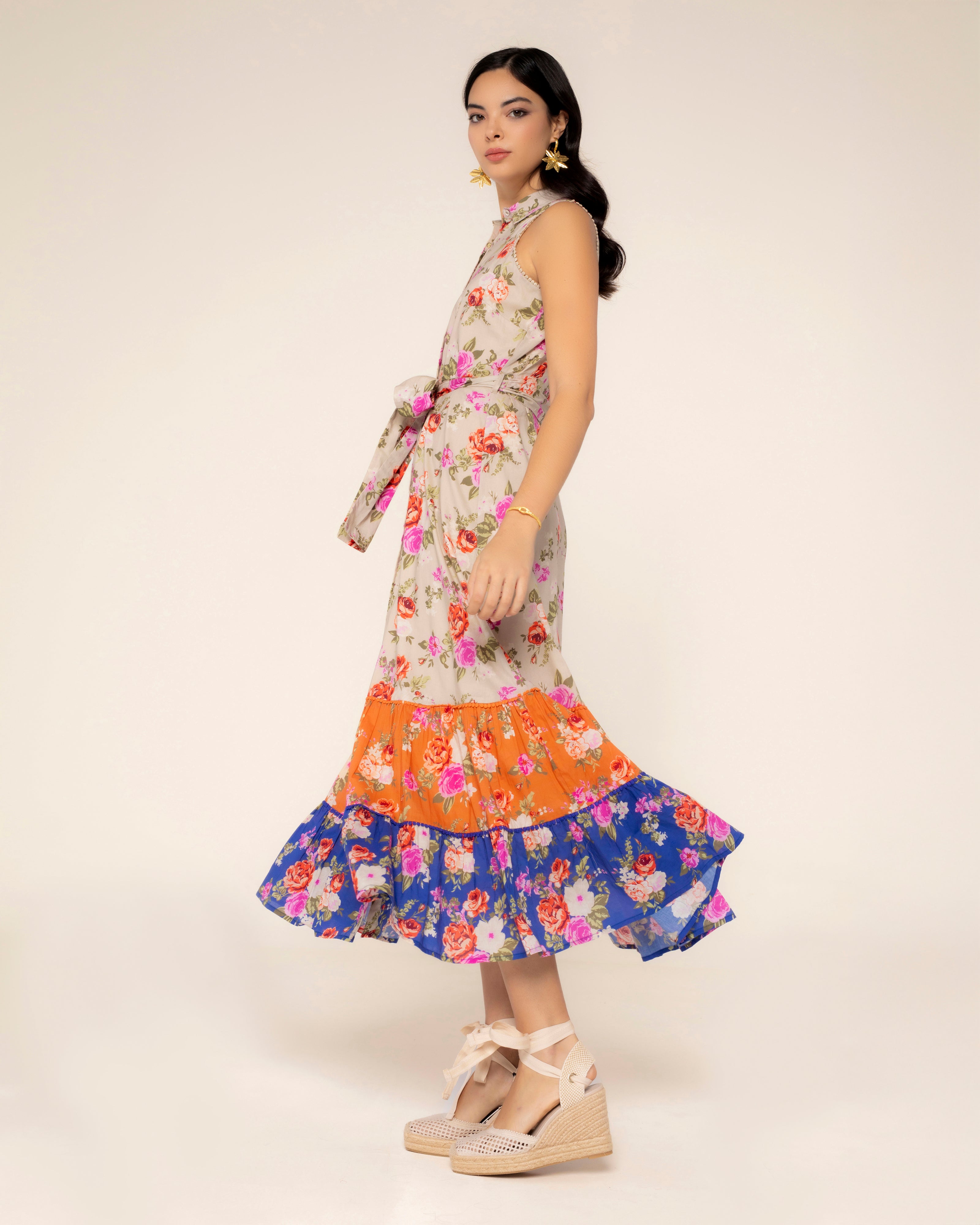 Vestido Comprido com Estampado Floral e Laçada Multicolor-3